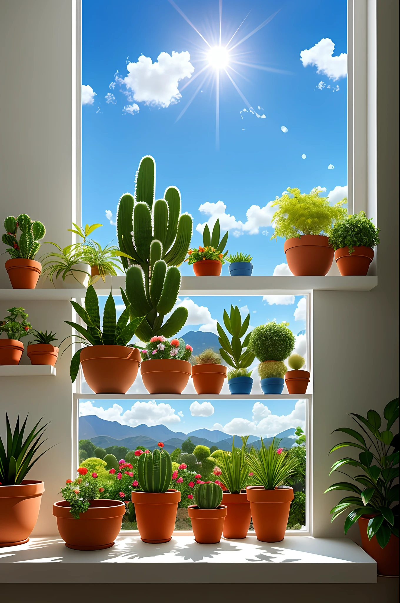 Clay pots, cacti, blue sky and white clouds, by the window, sunlight coming in, white curtains floating, lots of details, high quality, 8k