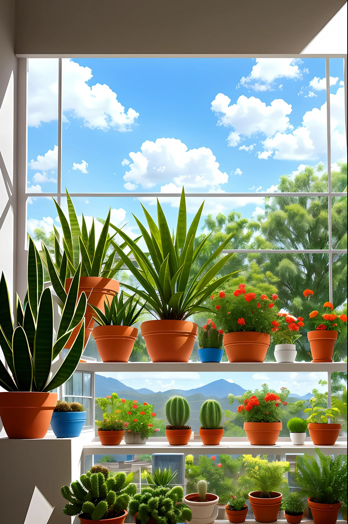 Clay pots, cacti, blue sky and white clouds, by the window, sunlight coming in, white curtains floating, lots of details, high quality, 8k