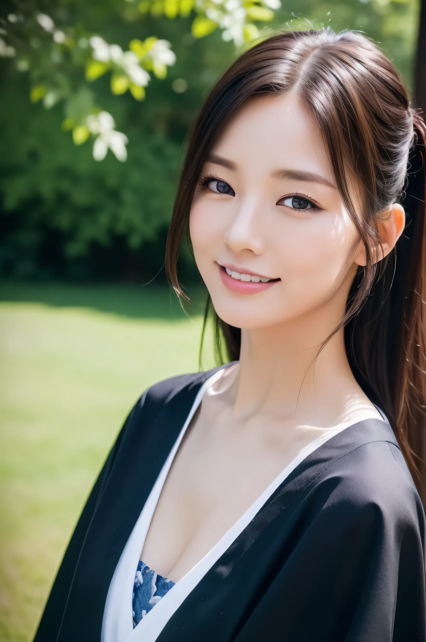 ((Top Quality, 8K, Masterpiece: 1.3)), Sharp Focus: 1.2, (Super Beautiful Face: 1.0), (Slender Abs Beauty: 1.0), (Shiny Skin: 1.0), Realistic Photography, Black Hair, Realistic Pupils, Video Lighting, High Definition Eyes and Face, Video Lighting, (Cowboy Shot: 1.0), kimono, hakama, obi, happy in nature