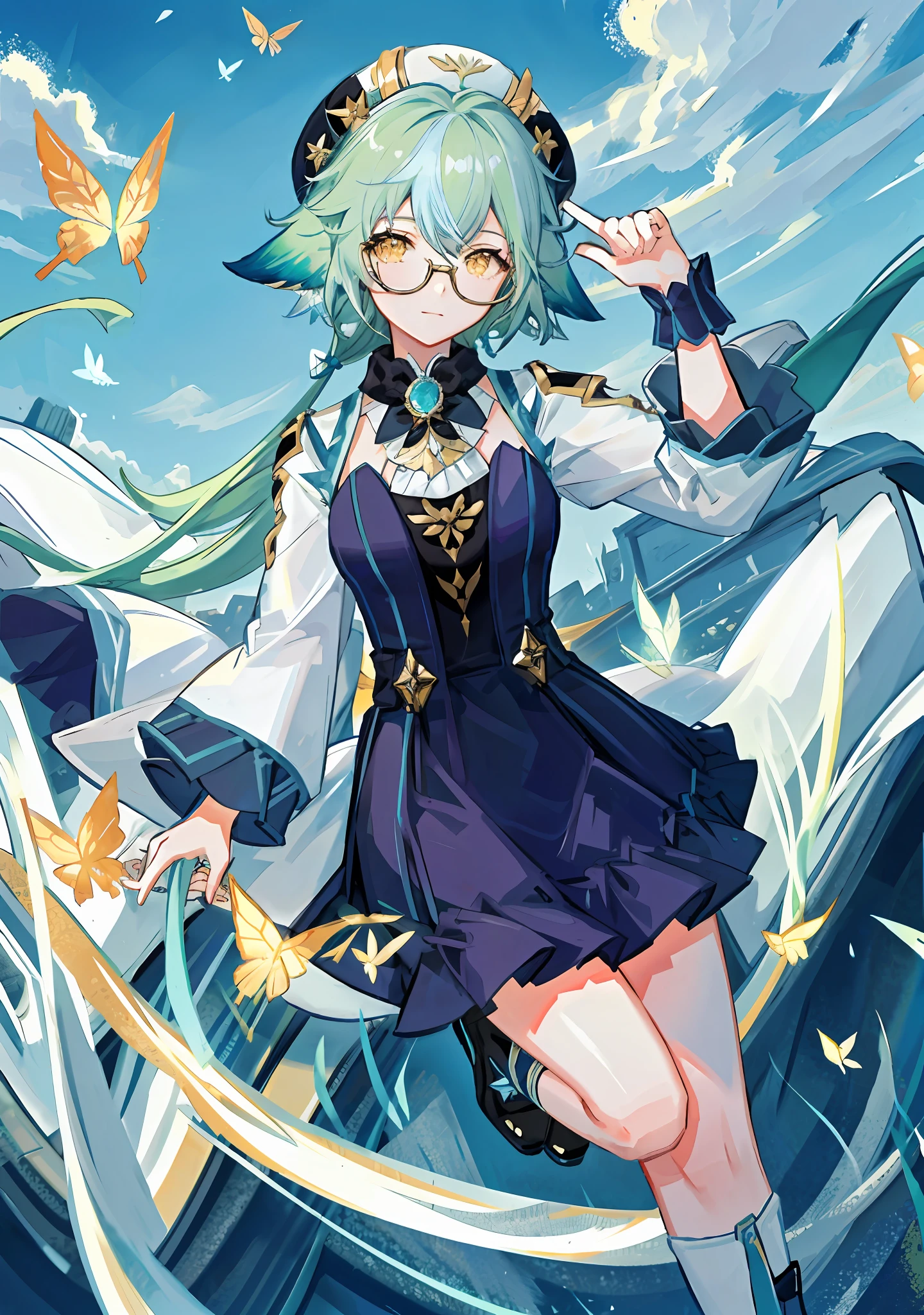 8k, super detail, masterpiece,super detail, high quality, high resolution, high detail, face detail, teal hair with animal ears, yellow eyes, wearing glasses, wearing hat, short hair, fullbody, jumping, blue sky white clouds, butterflies