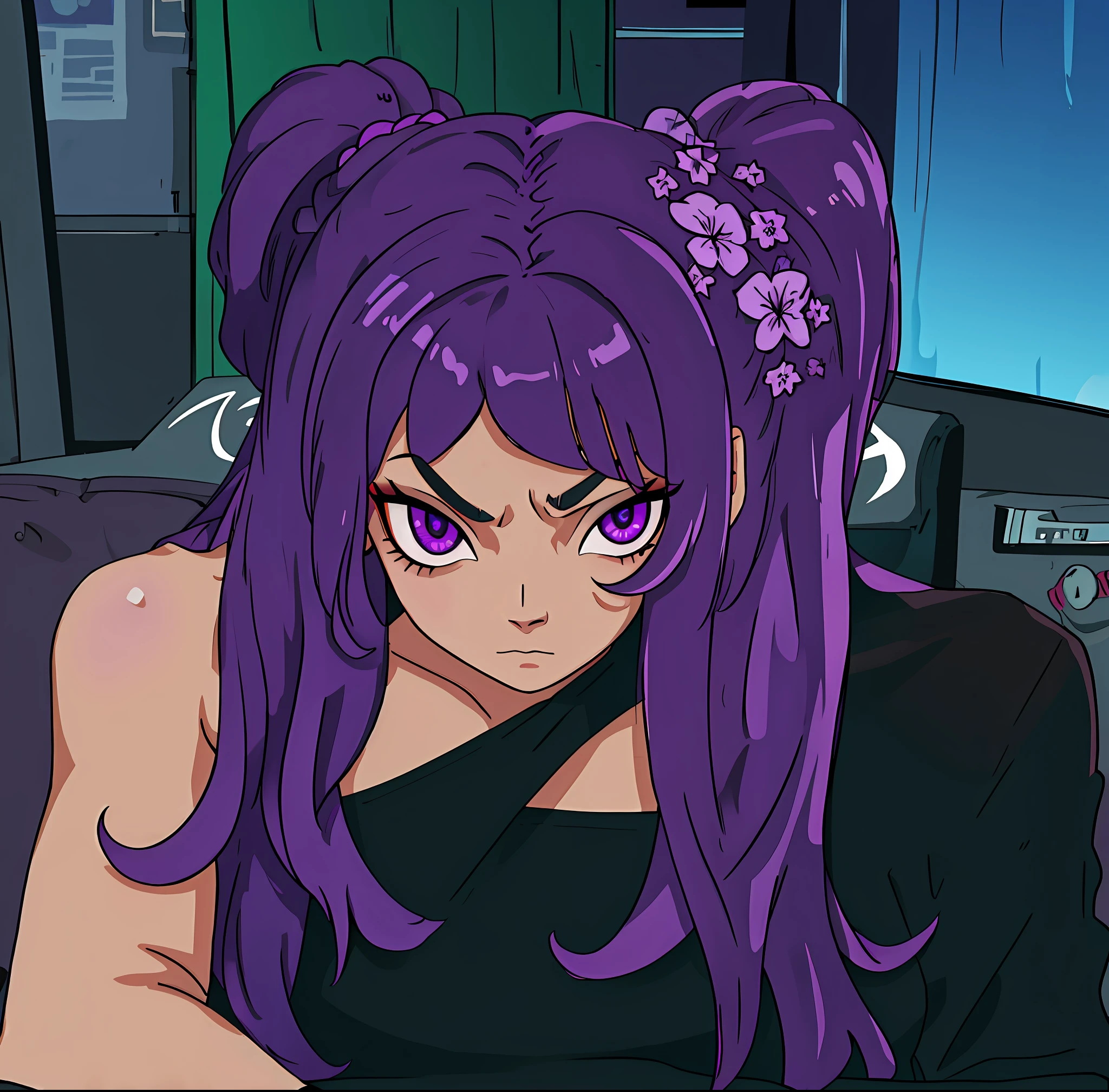 purple hair, purple eyes, serious, black clothing, girl, hd, highres