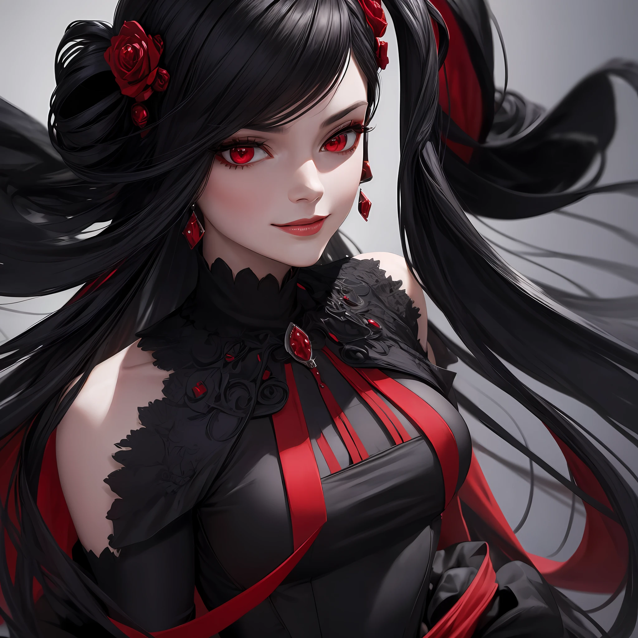 Woman, serious, elegant, black dress, red elements, bare shoulders, hairstyle, straight long hair, red eyes, sweet smile, detailed dress, royalty, closeup face, portrait, Gothic, black and red (best quality), (masterpiece), (highly detailed), (4k)