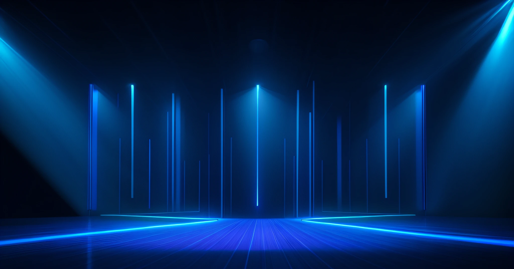 a dark room with blue lights and a wooden floor, illuminated blue neon lines, neon lights in background, glowing tiny blue lines, background with neon lighting, techno neon projector background, blue neon lights, technological lights, neon background lighting, neon glowing lines, neon-noir background, nightclub background, neon background, neon lights in the background, lines of lights