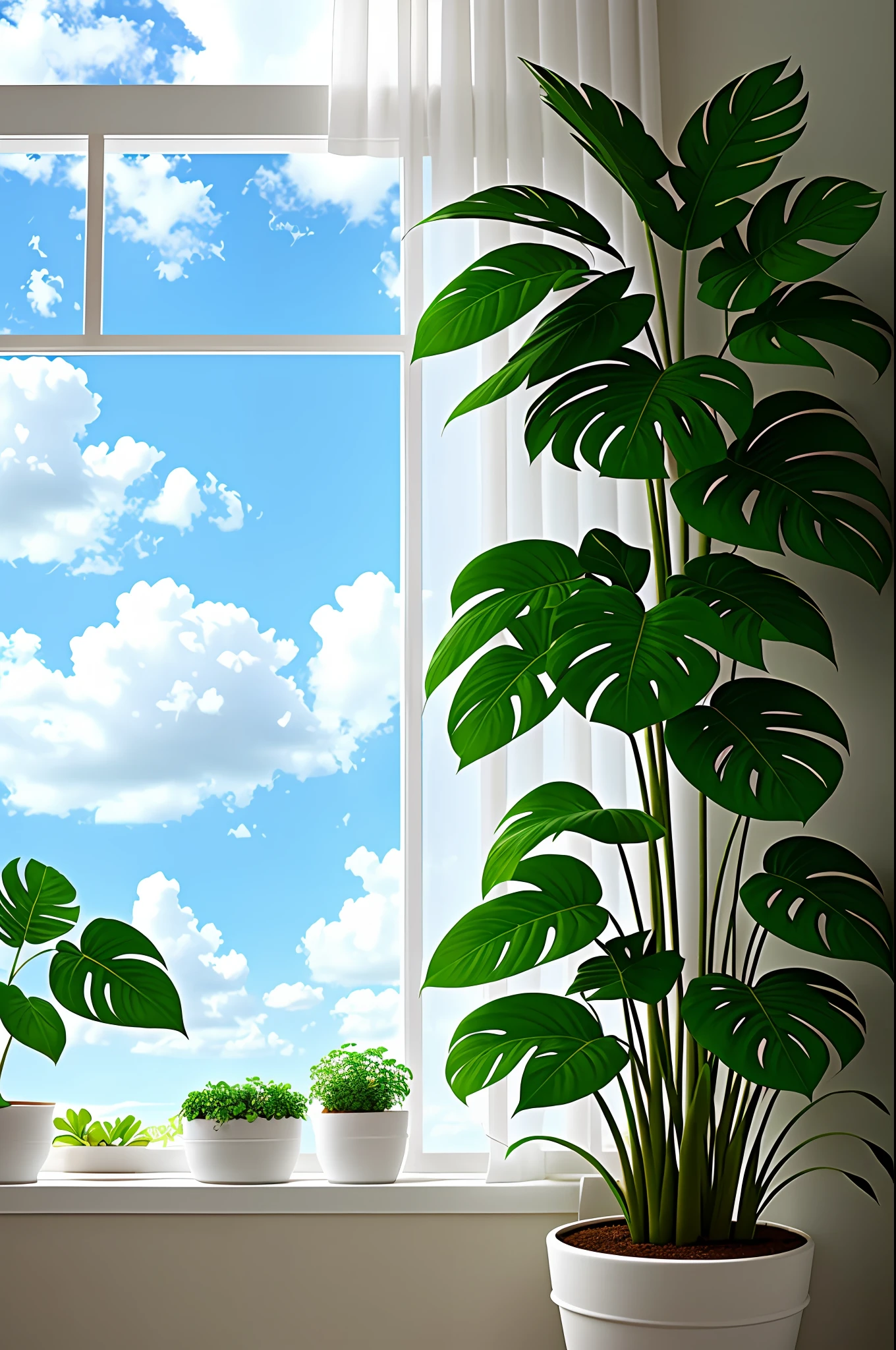 Clay flower pot, monstera, blue sky and white clouds, by the window, sunlight coming in, white curtains floating, many details, high quality, 8k