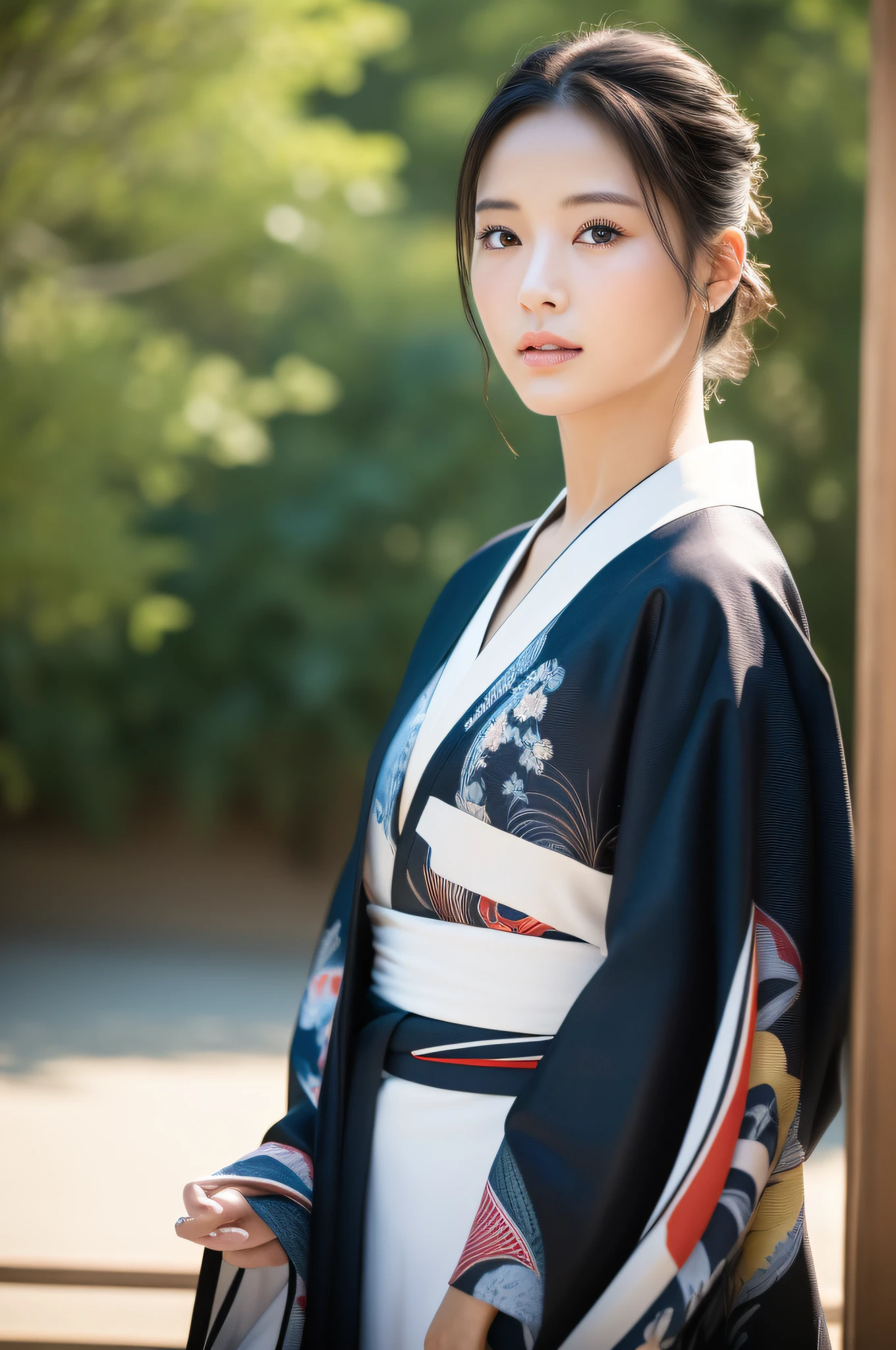 ((Best Quality, 8K, Masterpiece: 1.3)), Sharp Focus: 1.2, (Super Beautiful Face: 1.0), (Glossy Skin: 1.0), Realistic Photos, Black Hair, Realistic Pupils, Movie Lighting, Highly Detailed Eyes and Face, Movie Lighting, (Cowboy Shot: 1.0), Kimono, Hakama,  
Obi, Happy in Nature