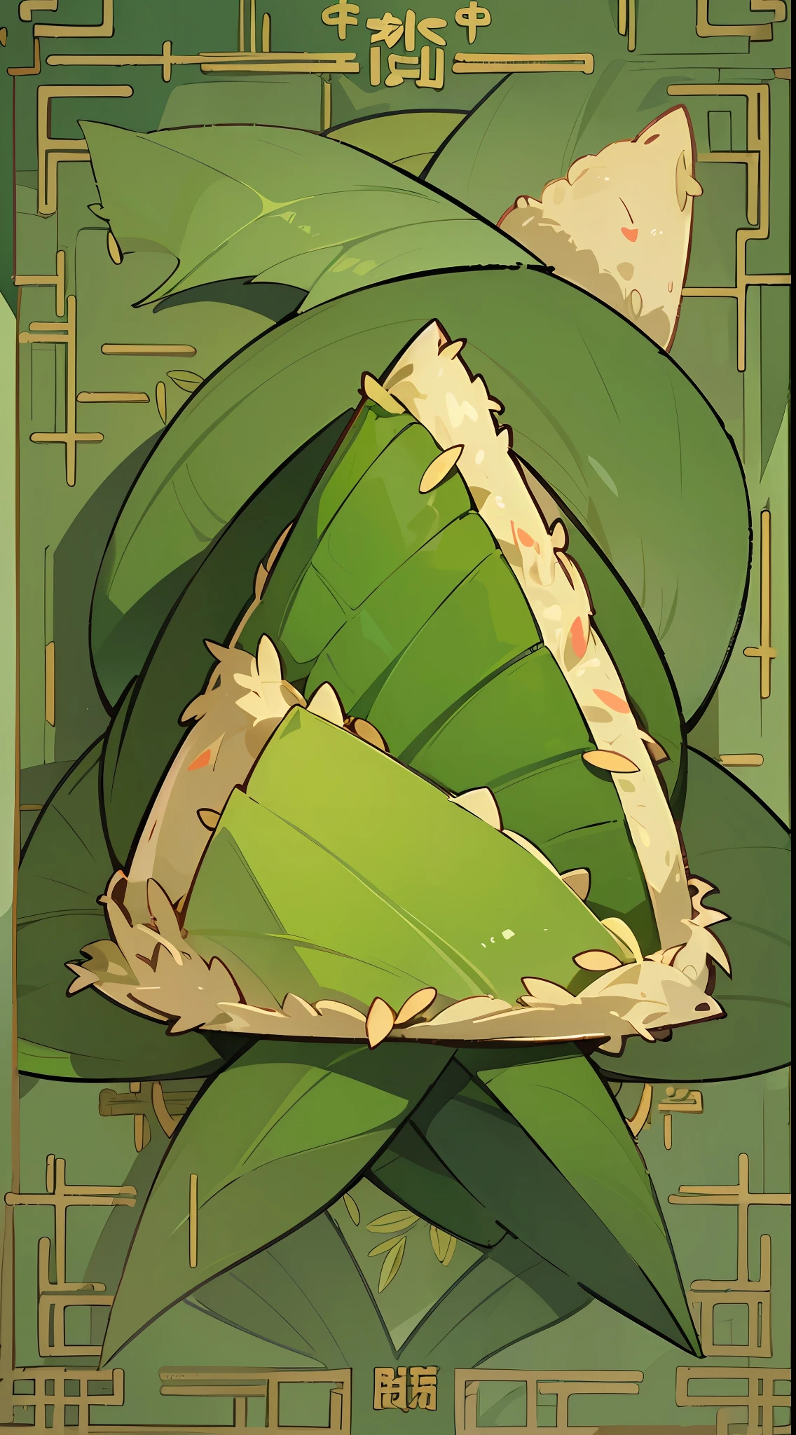 (Chinese triangles food poster), ((triangles food)), (Wrapped glutinous rice with green leaves triangular Zongzi),Food steamer made of bamboo,Express the relationship between objects,Triangular composition,Bright green hue