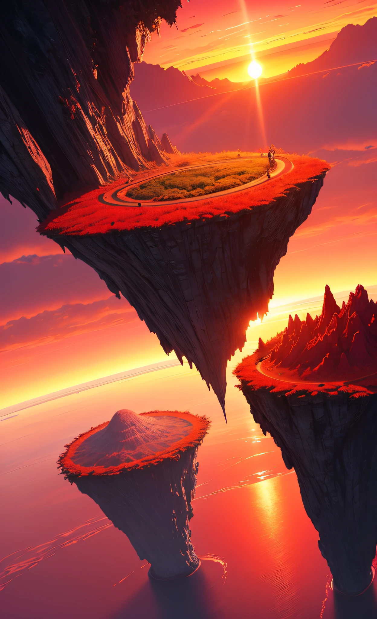 fantasy world red gradient sunset, floating islands, space view comets, jungles, birds