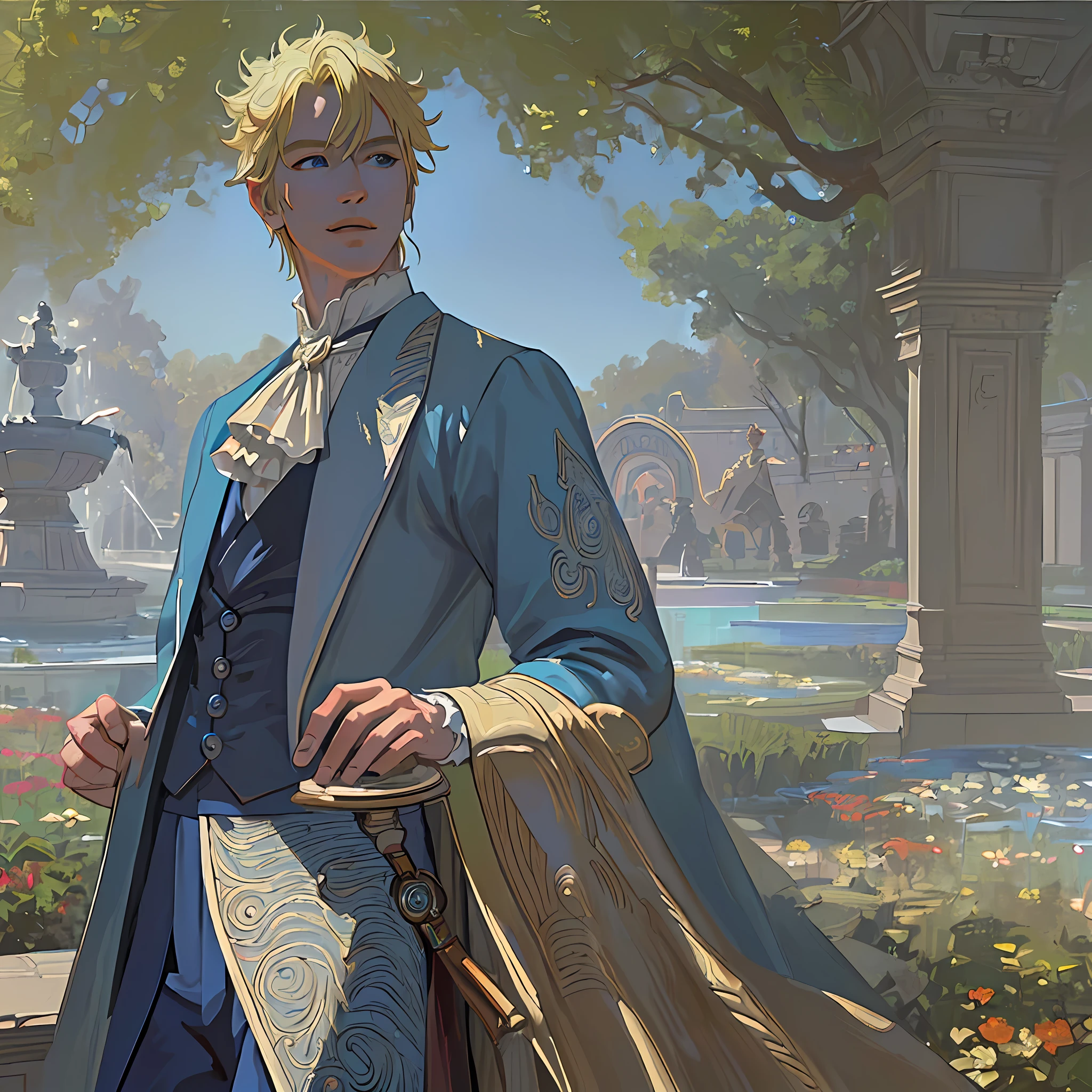 ((((masterpiece)))), (best quality), ((Hyper detailed)), ((High detail)), ((Exquisite detail)), (1 boy), (solo), (cowboy shot), (looking at viewer),((outside)), (((antique))), ((palace)), ((garden)), ((fountain)),
(flower), ((mature male)),((victorian outfit)), ((tall and muscular)), ((whiskermark)), uzumaki naruto, ((blonde hair)), detailed lips, (((prince))), ((blue eyes)), (nobility) ,  ((long pant)), smile