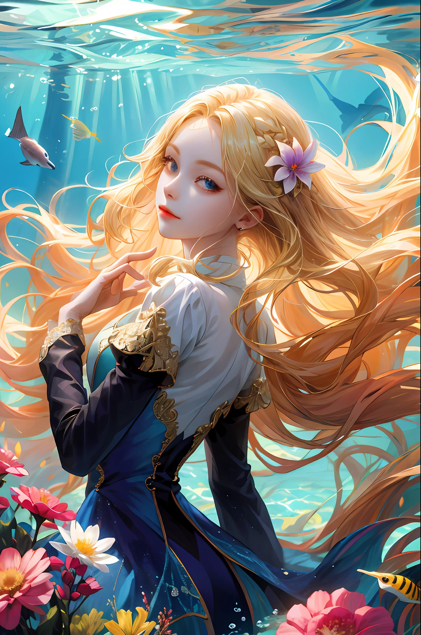 (absurdres, highres, ultra detailed), 1girl, solo, mature, (long blonde hair), fanasy, long sleeve, elegant, holy, colorful, highest detailed, underwater, floating hair, flower, looking back, upper body
