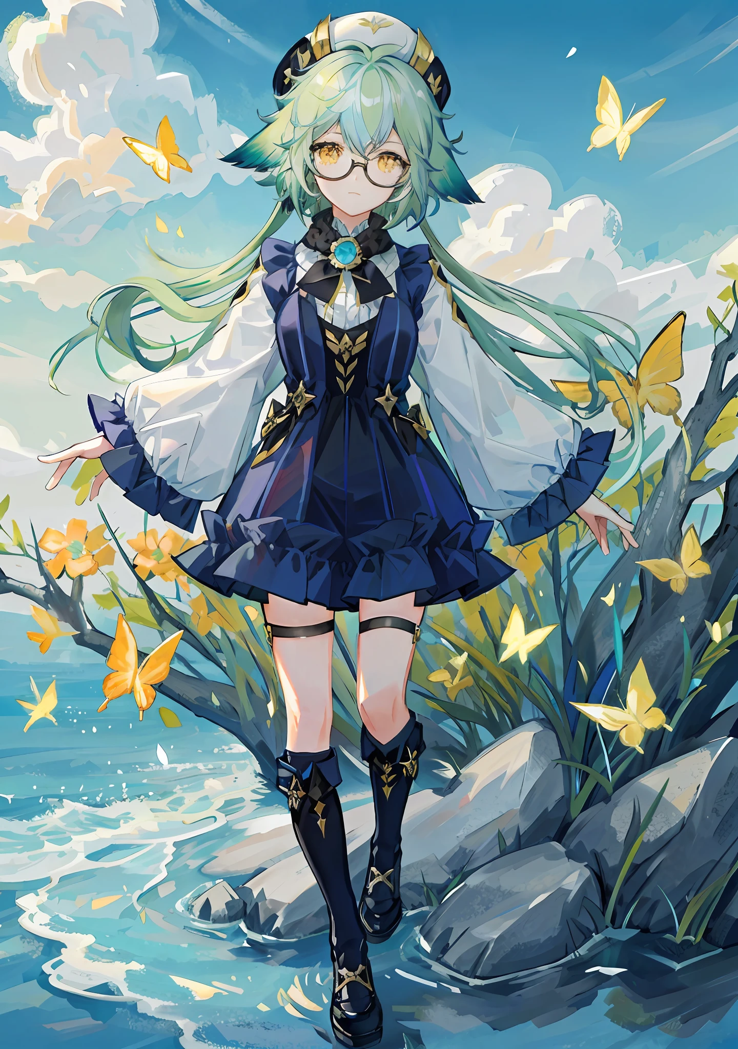 8k, super detail, masterpiece,super detail, high quality, high resolution, high detail, face detail, teal hair with animal ears, yellow eyes, wearing glasses, wearing hat, short hair, fullbody, jumping, blue sky white clouds, butterflies