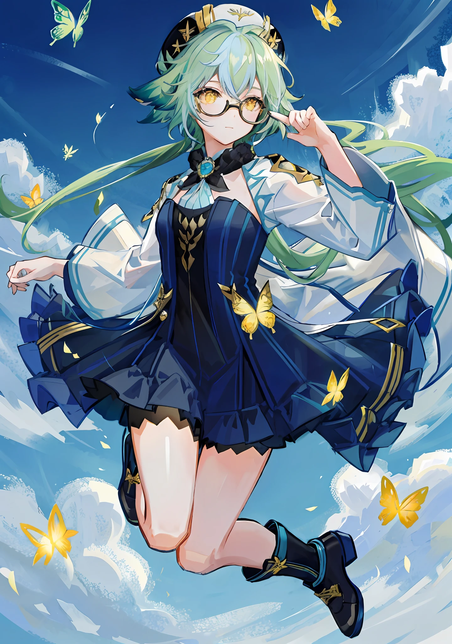 8k, super detail, masterpiece,super detail, high quality, high resolution, high detail, face detail, teal hair with animal ears, yellow eyes, wearing glasses, wearing hat, short hair, fullbody, jumping, blue sky white clouds, glowing butterflies, wind swirls