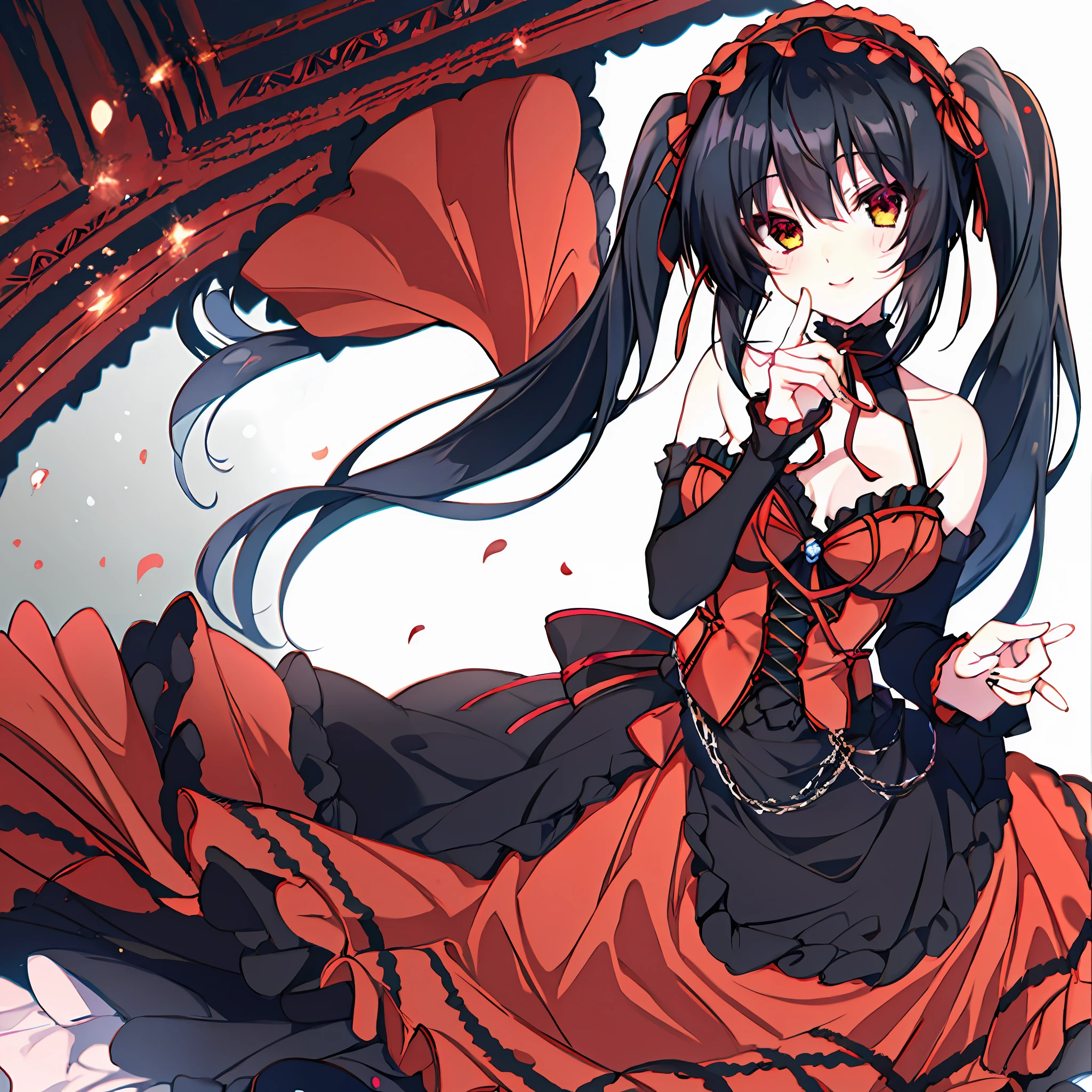 18 year old beautiful girl, masterpiece, top quality, 8K anime, 1 girl, detailed fingers, precise fingers, not unnatural hands, odd eyes, black hair twin tails, kurumi tokizaki, large breasts,