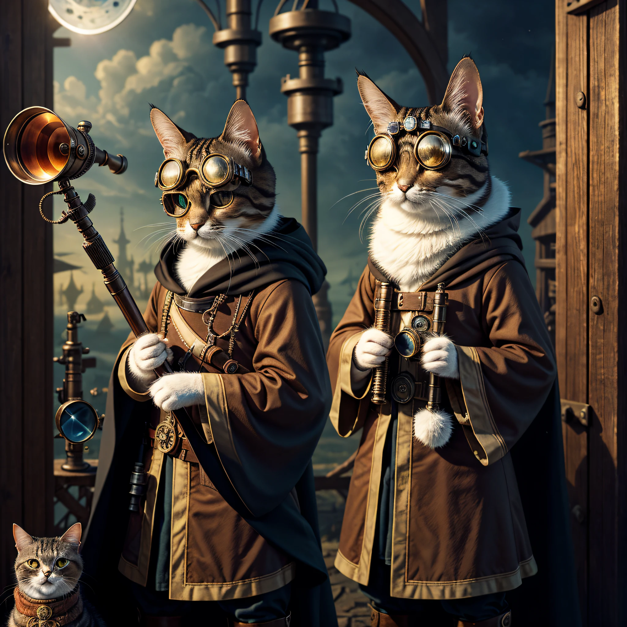 Epic hyperrealistic photo of a cat wearing a cloak and goggles, holding a telescope in hand,looking in a certain direction,in the style of steampunk influences, john wilhelm, bunnycore, realistic yet stylized, charming characters, ratcore