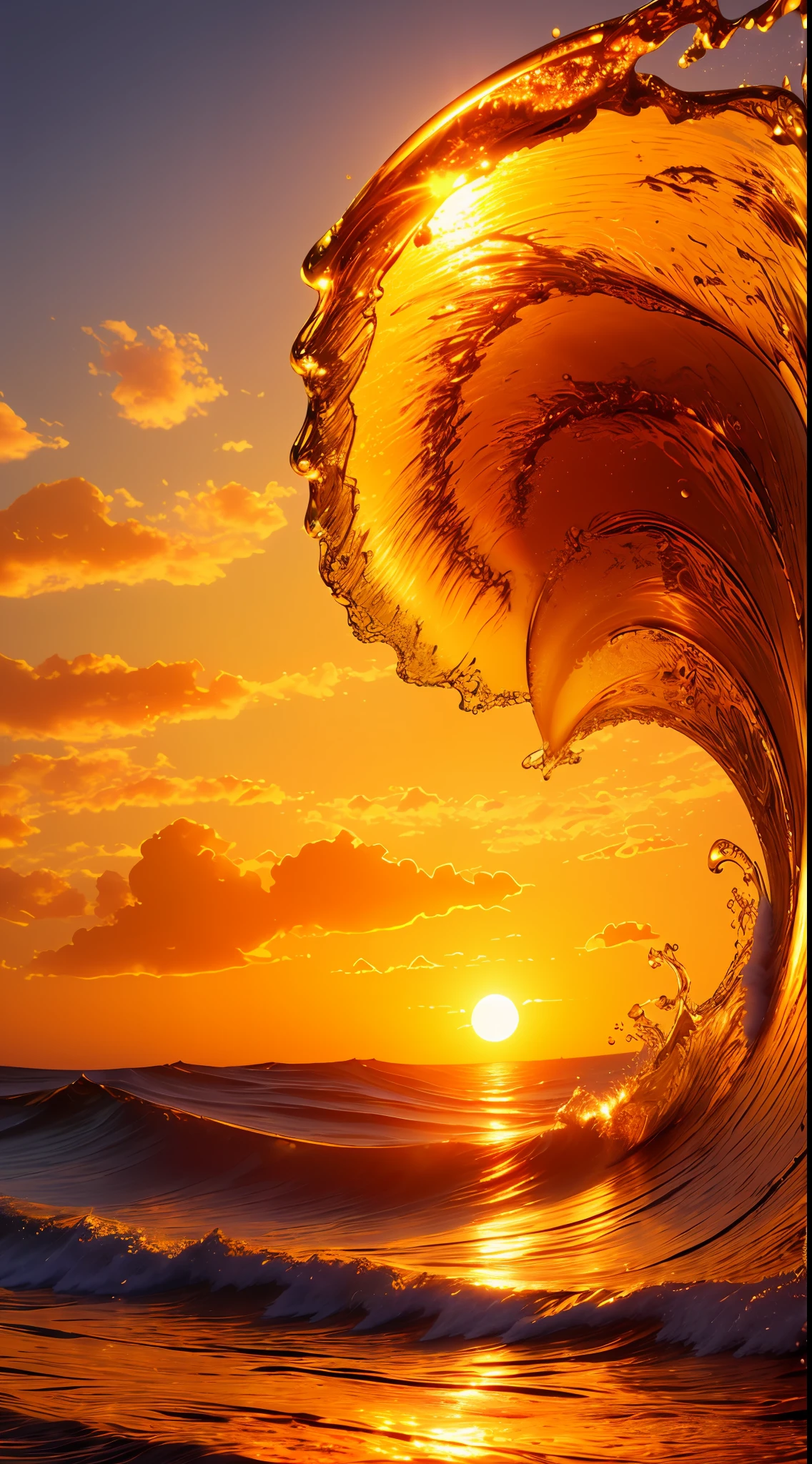 Masterpiece, best quality, (8k very detailed CG unit wallpaper) (best quality), (best illustration), (best shadows) a golden sea wave, bright orange aol sunset through the wave, golden droplets flying, (:1.6)