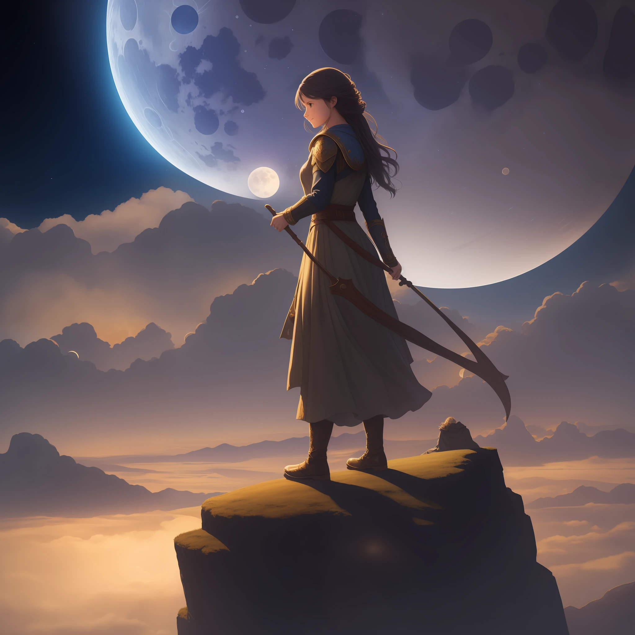 Girl standing in front of large smiling moon resting on earth, looking back in awe, midnight sky scene, 16:9 aspect ratio, fantasy theme, soft or dramatic lighting, high resolution, inspired by John Howe or Alan Lee.