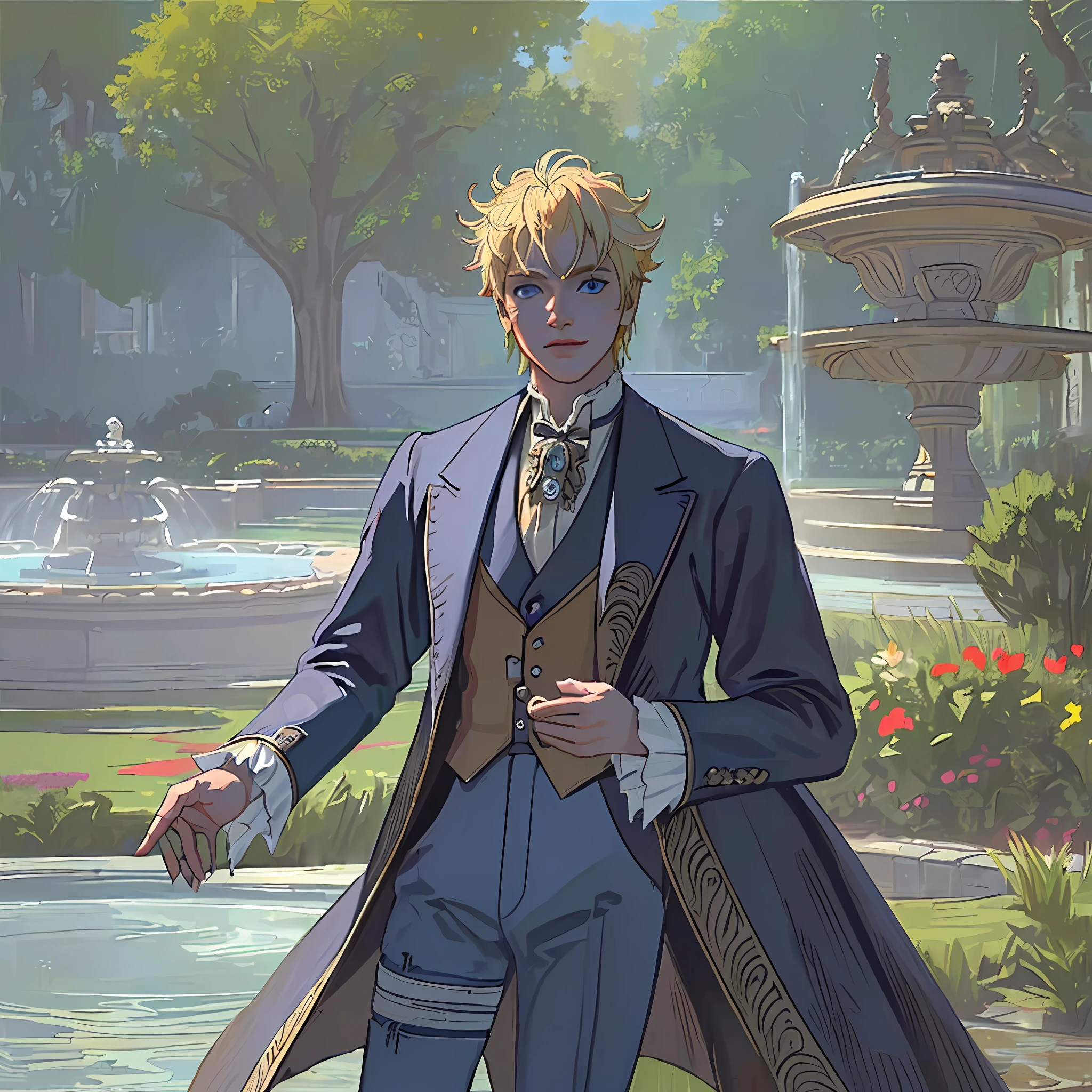 ((((masterpiece)))), (best quality), ((Hyper detailed)), ((High detail)), ((Exquisite detail)), (1 boy), (solo), (cowboy shot), (looking at viewer),((outside)), (((antique))), ((palace)), ((garden)), ((fountain)),
(flower), ((mature male)),((victorian outfit)), ((tall and muscular)), ((whiskermark)), uzumaki naruto, ((blonde hair)), detailed lips, (((prince))), ((blue eyes)), (nobility) ,  ((long pant)), smile