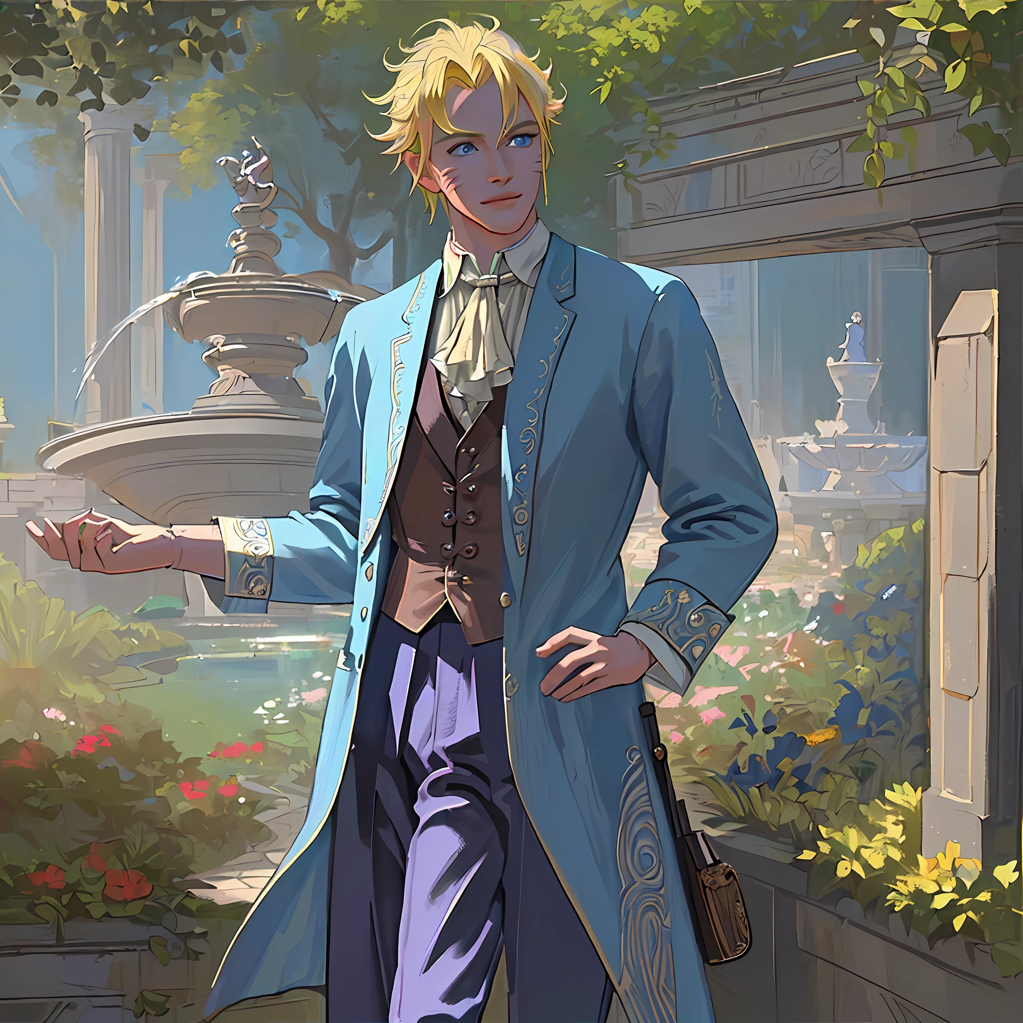 ((((masterpiece)))), (best quality), ((Hyper detailed)), ((High detail)), ((Exquisite detail)), (1 boy), (solo), (cowboy shot), (looking at viewer),((outside)), (((antique))), ((palace)), ((garden)), ((fountain)),
(flower), ((mature male)),((victorian outfit)), ((tall and muscular)), ((whiskermark)), uzumaki naruto, ((blonde hair)), detailed lips, (((prince))), ((blue eyes)), (nobility) ,  ((long pant)), smile
