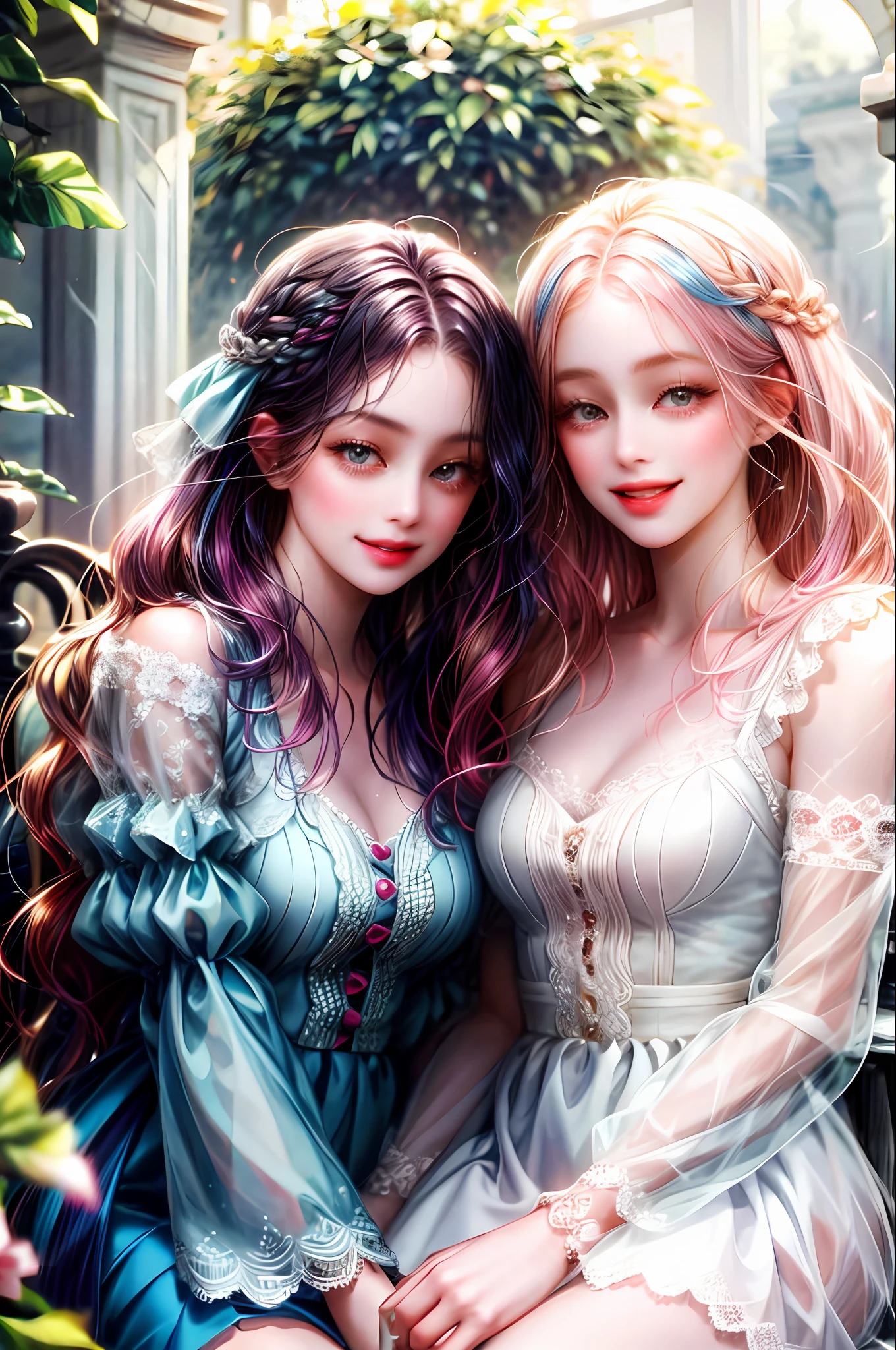 Two girls in love look sweet, very happy together, and girls with different hair colors fall in love
