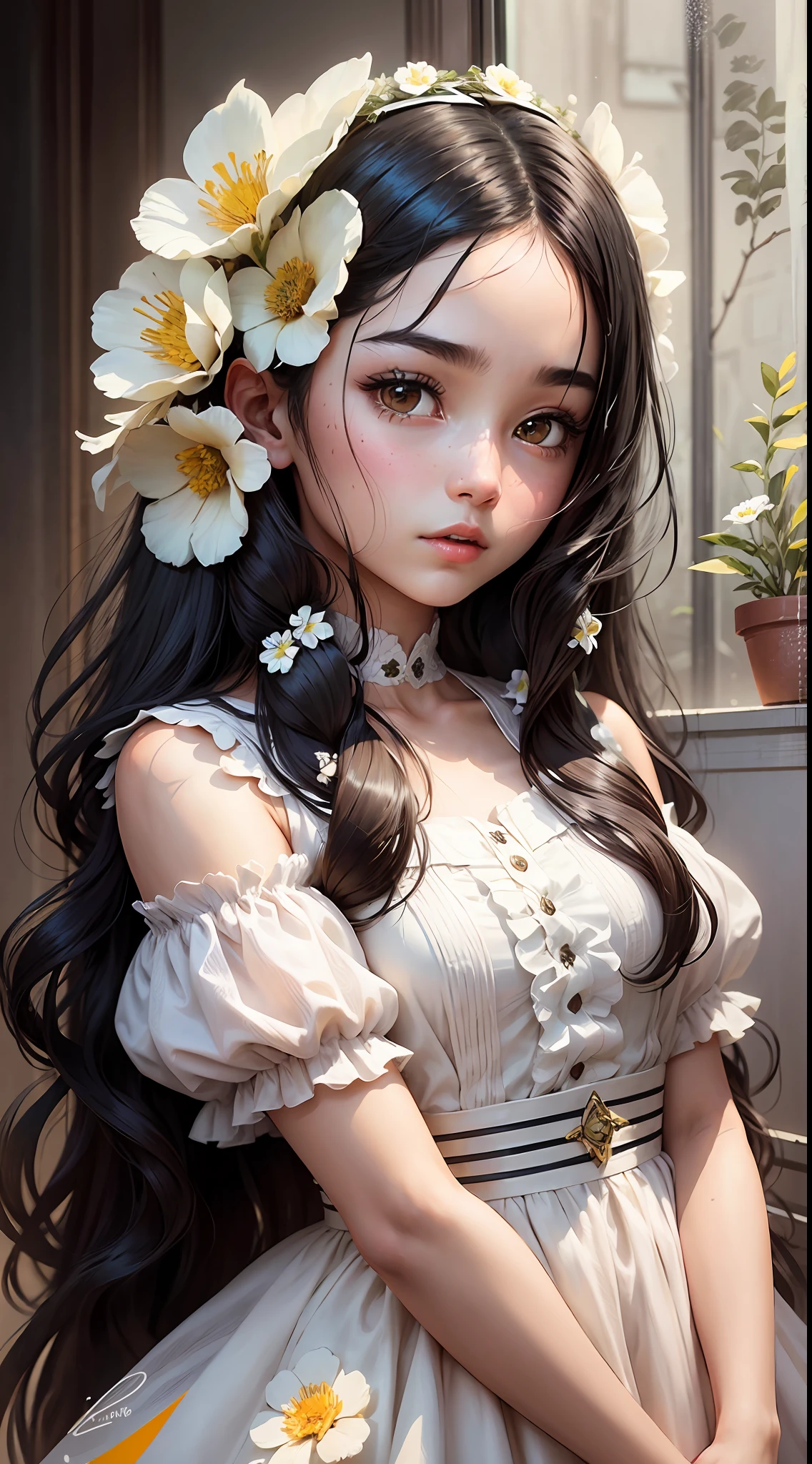 A 13-year-old girl with long black hair and almond eyes (wearing an elegant white floral dress)