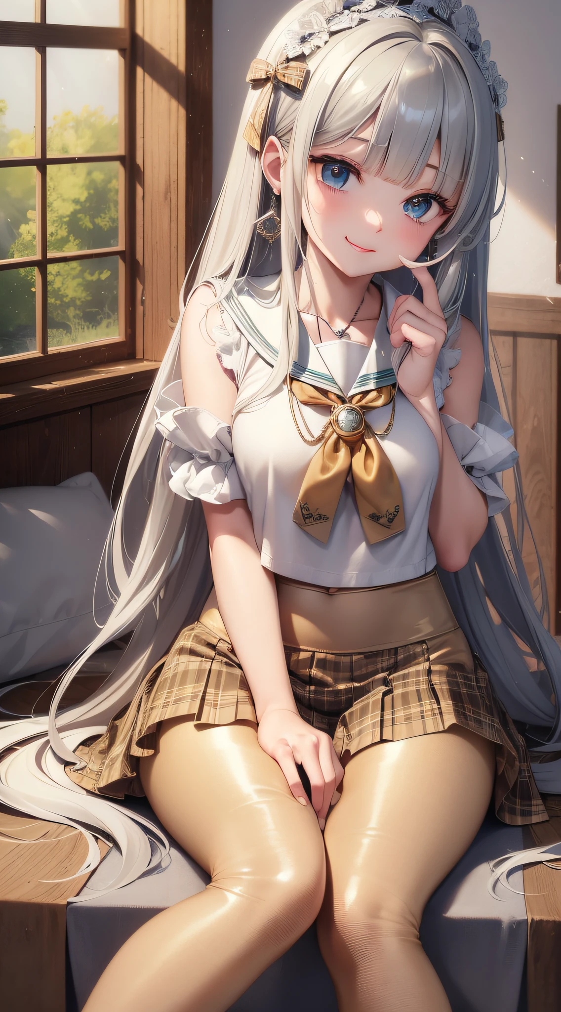 wet, loli, solo, dynamic angle, smile, green eyes, long hair, silver hair, , blunt bangs, (curves), thighs, beautiful and detailed girl, extremely detailed eyes and face, beautiful delicate eyes, detailed light, cinematic lighting, lens flare, light leakage, sunlight, shine, beautiful detail light, ridiculous, incredibly ridiculous, huge file size, super detailed, super detailed, super detailed, super detailed, high resolution, very detailed, (((plaid skirt))), twntails, , leather shoes, ribbon, necklace, headband, earrings , best quality, masterpiece, illustrations, extremely delicate beauty, very detailed, CG, unity, 8k wallpaper, amazing, fine detail, masterpiece, best quality, official art, extremely detailed CG Unity 8k wallpaper, (sailor shirt)), (beige leggings:1.5), (sitting)), , bed, detailed clothes, slim legs, looking at the audience, smile, best quality, masterpiece, 1 girl, sole, High resolution, original, extremely detailed 8K wallpaper, an extremely delicate beautiful girl, beautiful and delicate eyes