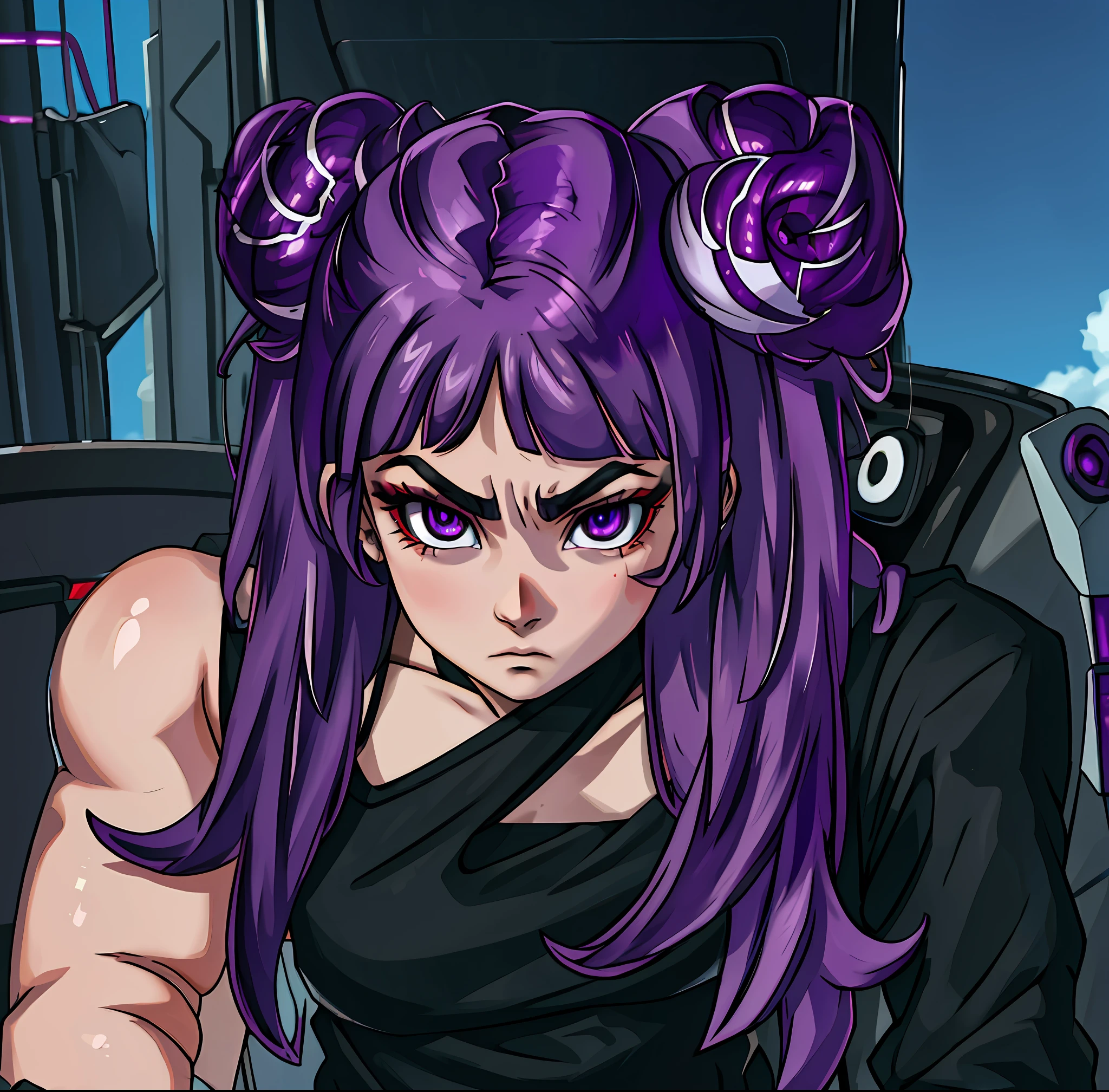 Serious-looking girl with black clothing, sporting a stunning purple-haired and purple-eyed look. High definition and high resolution.