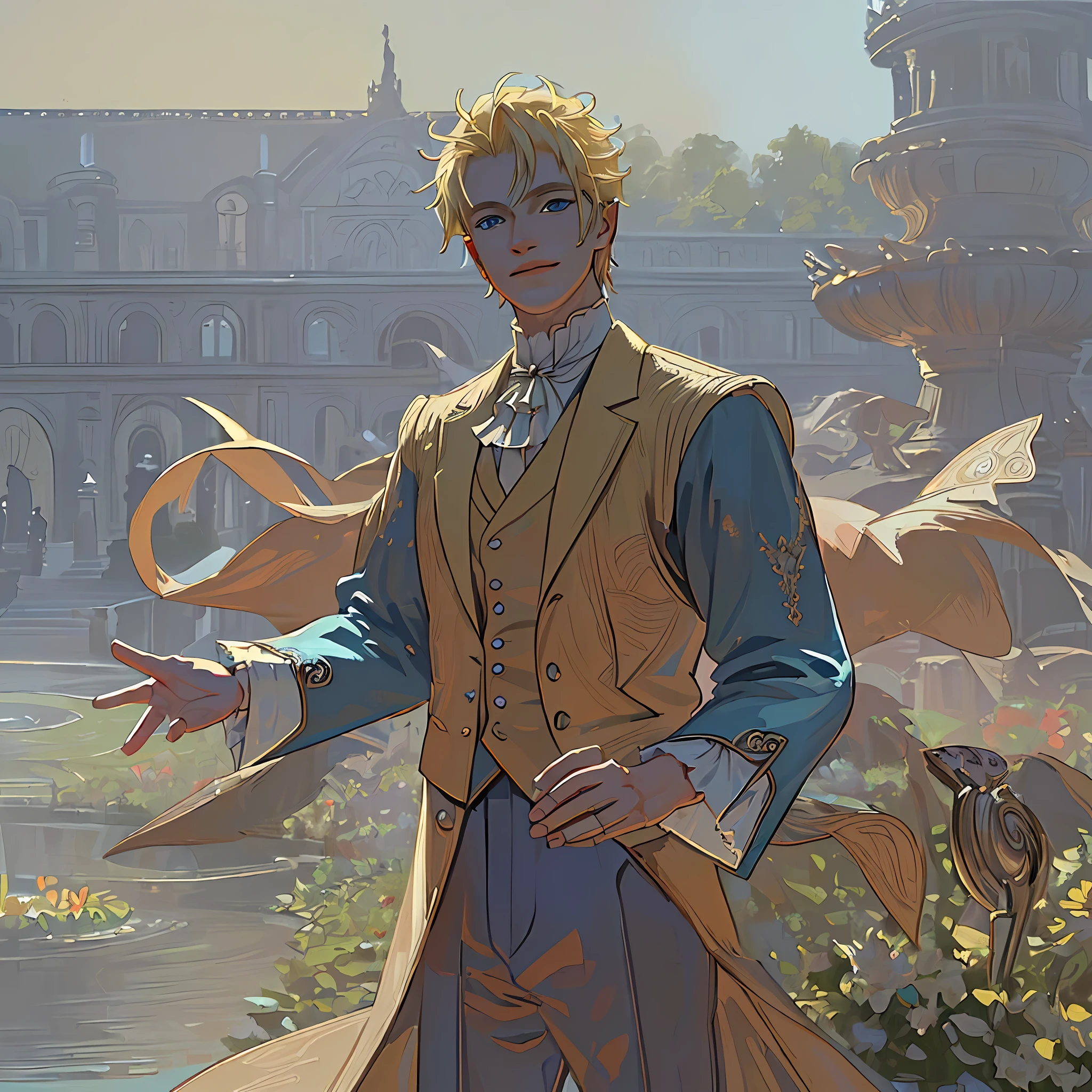 ((((masterpiece)))), (best quality), ((Hyper detailed)), ((High detail)), ((Exquisite detail)), (1 boy), (solo), (cowboy shot), (looking at viewer),((outside)), (((antique))), ((palace)), ((garden)), ((fountain)),
(flower), ((mature male)),((victorian outfit)), ((tall and muscular)), ((whiskermark)), uzumaki naruto, ((blonde hair)), detailed lips, (((prince))), ((blue eyes)), (nobility) ,  ((long pant)), smile