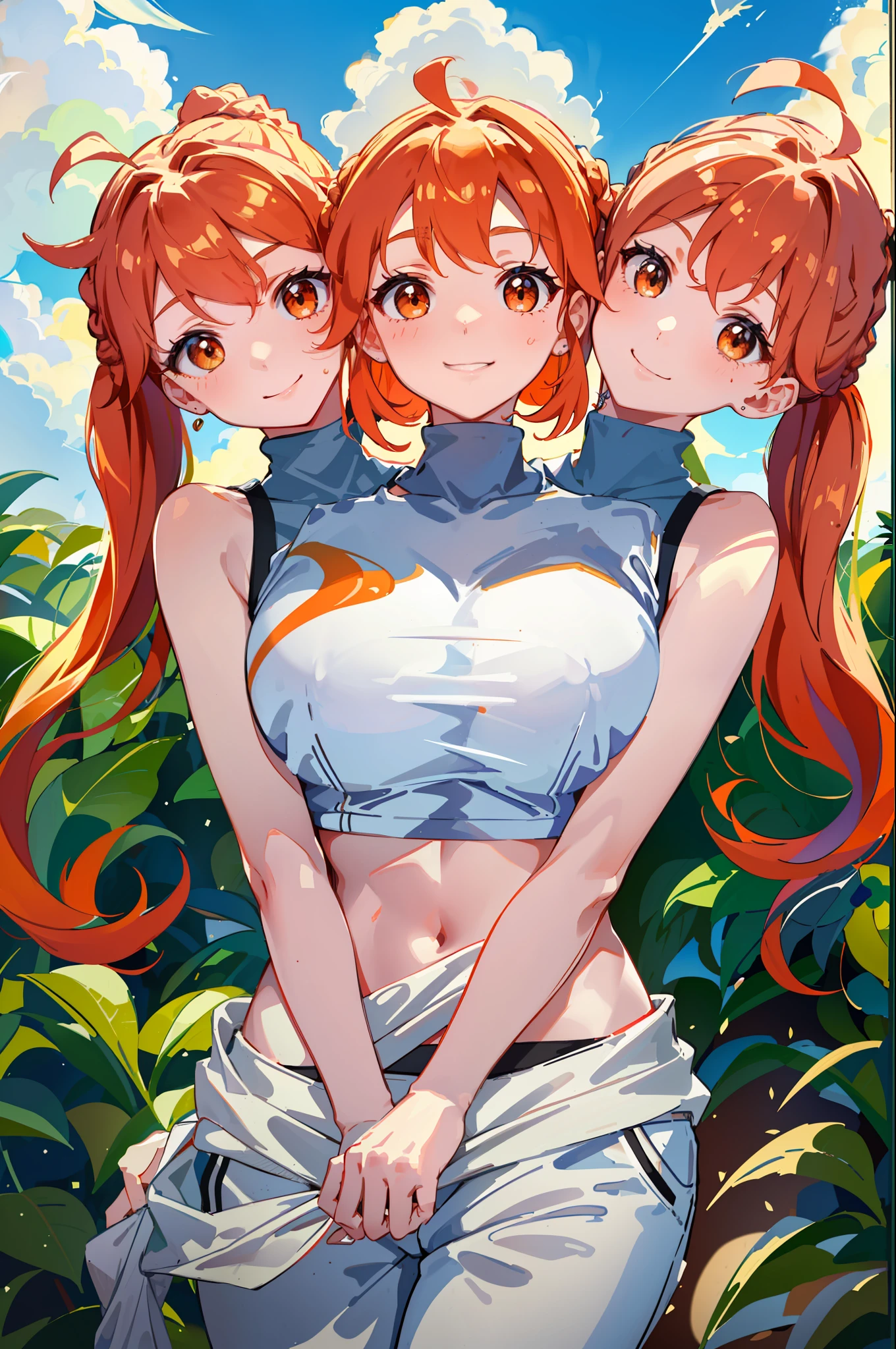 3heads, best quality, masterpiece
3 girls, sonia, orange hair, identical hair color, same eye color, necks side by side, necks evenky spaced on shoulders, smiling, running, gym uniform, sweatpants, outdoors
((three heads, 3head):1.5)