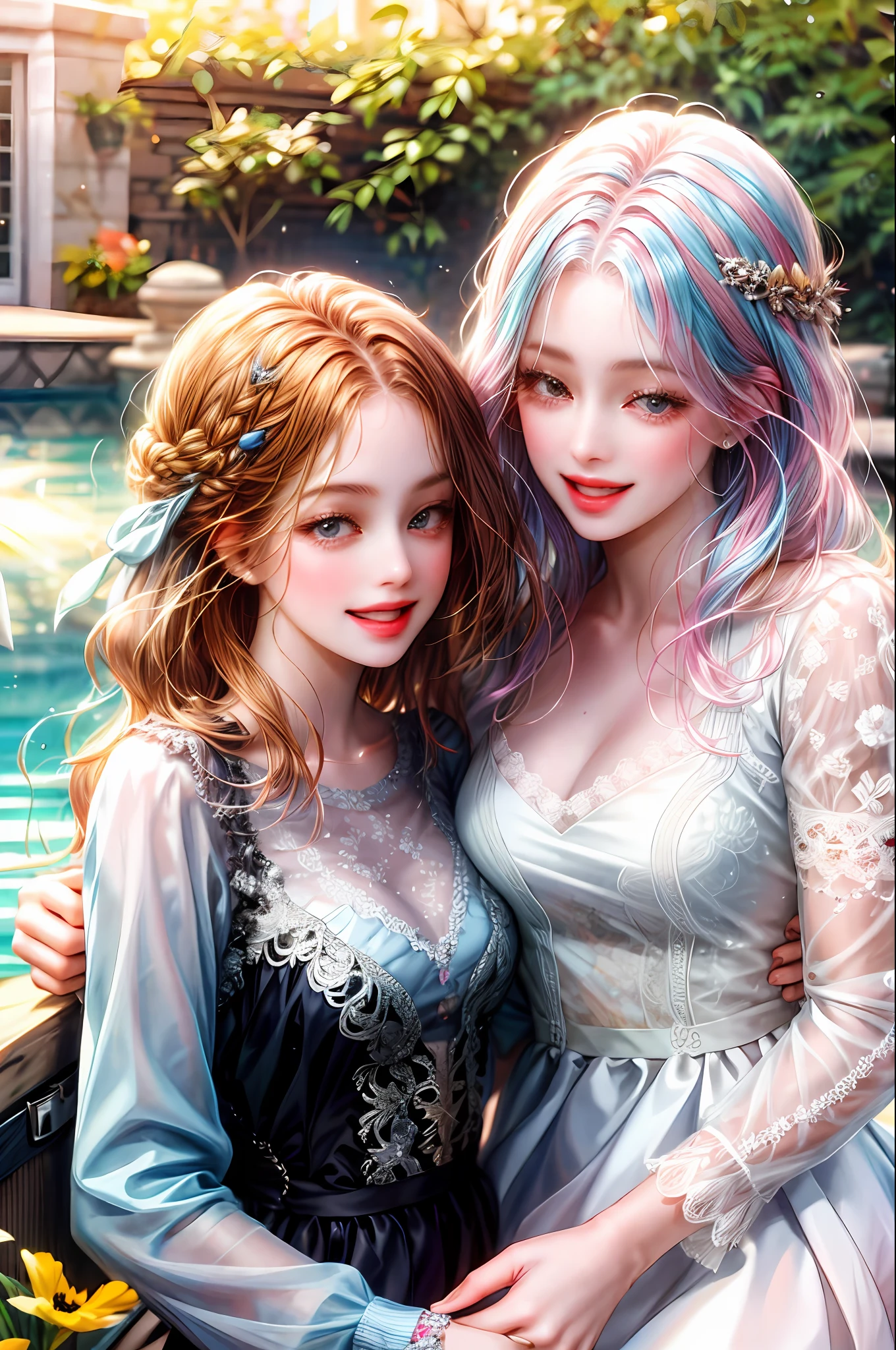 Two girls in love look sweet, very happy together, and girls with different hair colors fall in love