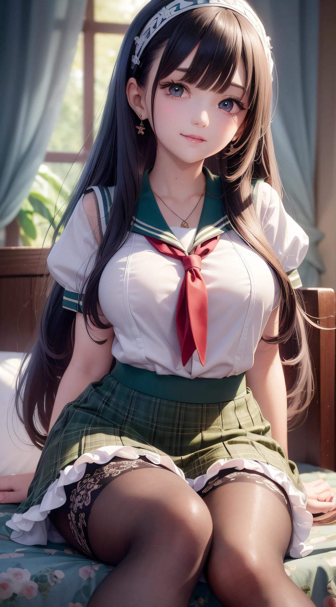 wet, loli, solo, dynamic angle, smile, green eyes, long hair, violet hair, , blunt bangs, ((curvy,sexy)), thighs, beautiful and detailed girl, extremely detailed eyes and face, beautiful delicate eyes, detailed light, cinematic lighting, lens flare, light leakage, sunlight, shine, beautiful detail light, ridiculous, incredibly ridiculous, huge file size, super detailed, super detailed, super detailed, high resolution, very detailed, plaid skirt, twntails, , leather shoes, necklace, headband, earrings , best quality, masterpiece, Illustrations, extremely delicate beauty, very detailed, CG, solidarity, 8k wallpaper, amazing, fine details, masterpiece, best quality, official art, extremely detailed CG Unity 8k wallpaper, ((sailor shirt)), (pantyhose), ((sitting)), , bed, detailed clothes, slim legs, looking at the audience, smiling, best quality, masterpiece, 1 girl, sole, High resolution, original, extremely detailed 8K wallpaper, an extremely delicate beautiful girl, beautiful and delicate eyes, (14 years old)