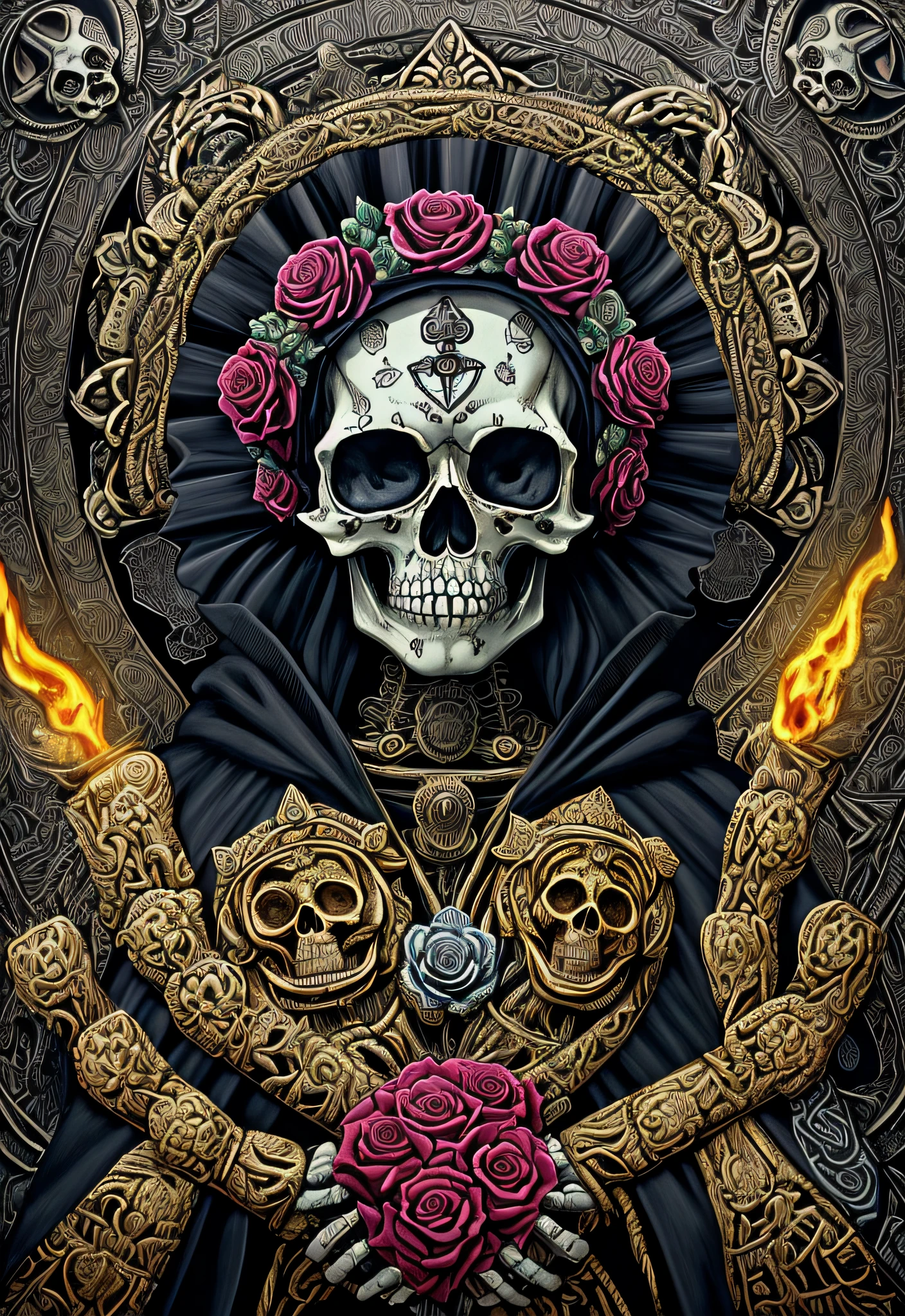 High quality stickers for T-shirts, Chicano airbrush art, (masterpiece, highest quality, ultra detail), ultra-detailed, 8K resolution, (full-body portrait), (ultra-detailed skull face), ((Our Lady of the Skull in the pose of prayer hands with a navy cloak)), Queen of the Holy Skeleton, (bright colors)), black background, symmetrical, large roses arranged symmetrically on both sides, (religious symbolism), (St. Mary, Queen of the Skull, Raktreina, Queen of the Dead, inspired by Ravi Zupa), (detailed addition), (iconography), (Ravi Zupa: 1.2), high contrast