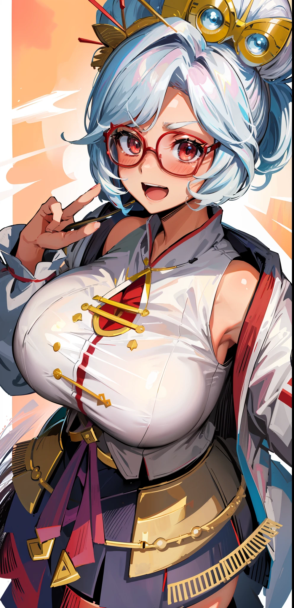 masterpiece, best quality, purah, red glasses, hair ornament, white jacket, sleeveless shirt, black skirt, upper body, from above, looking at viewer, smile, open mouth, furrowed brow, rustic village, huge breast, blushing