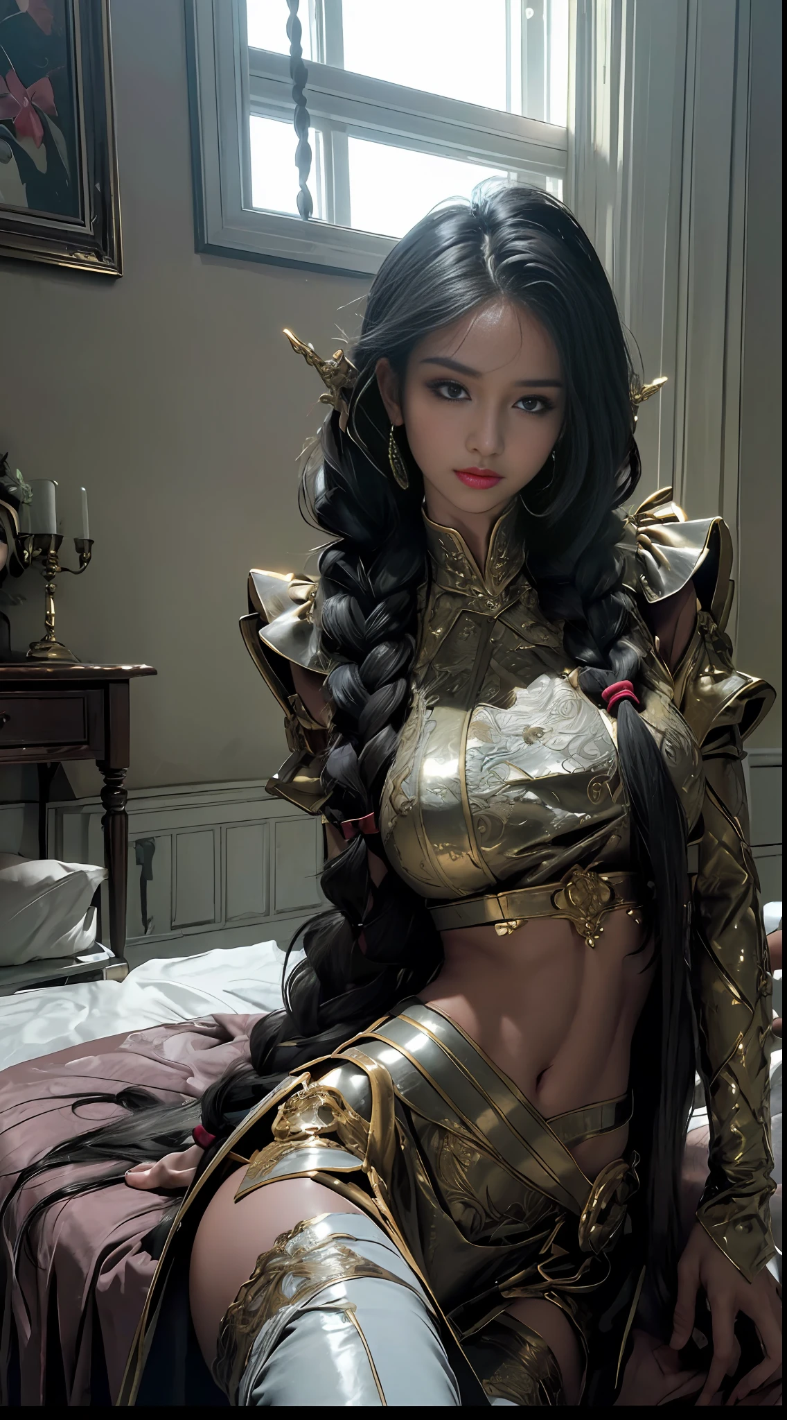 (Best Quality, 8k, 32k, Masterpiece, UHD:1.3), (Photo of Attractive Woman), 1 Girl, (Huge Boobs:1.1), (long braids hair), black haired, Abs, Perfect Body, Ultra Detailed Face, Detailed Lips, Fine Eyes, double eyelids, (seductive), ((aroused:1.1)),