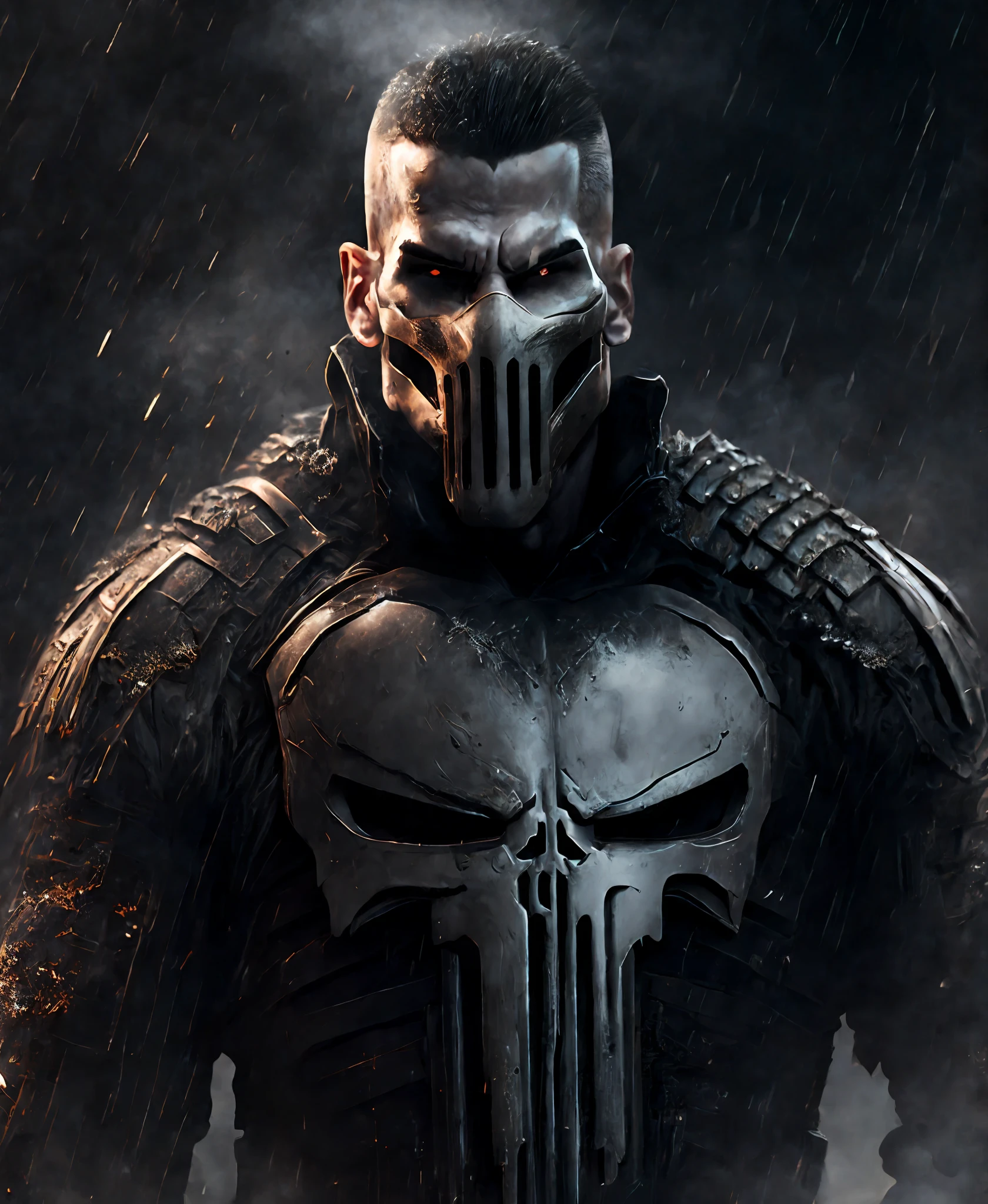 Close-up (Punisher from Marvel in Viking style: 1.3) emerging from wet black mud, extremely detailed, smoke, sparks, metal shavings, flying debris, volumetric light