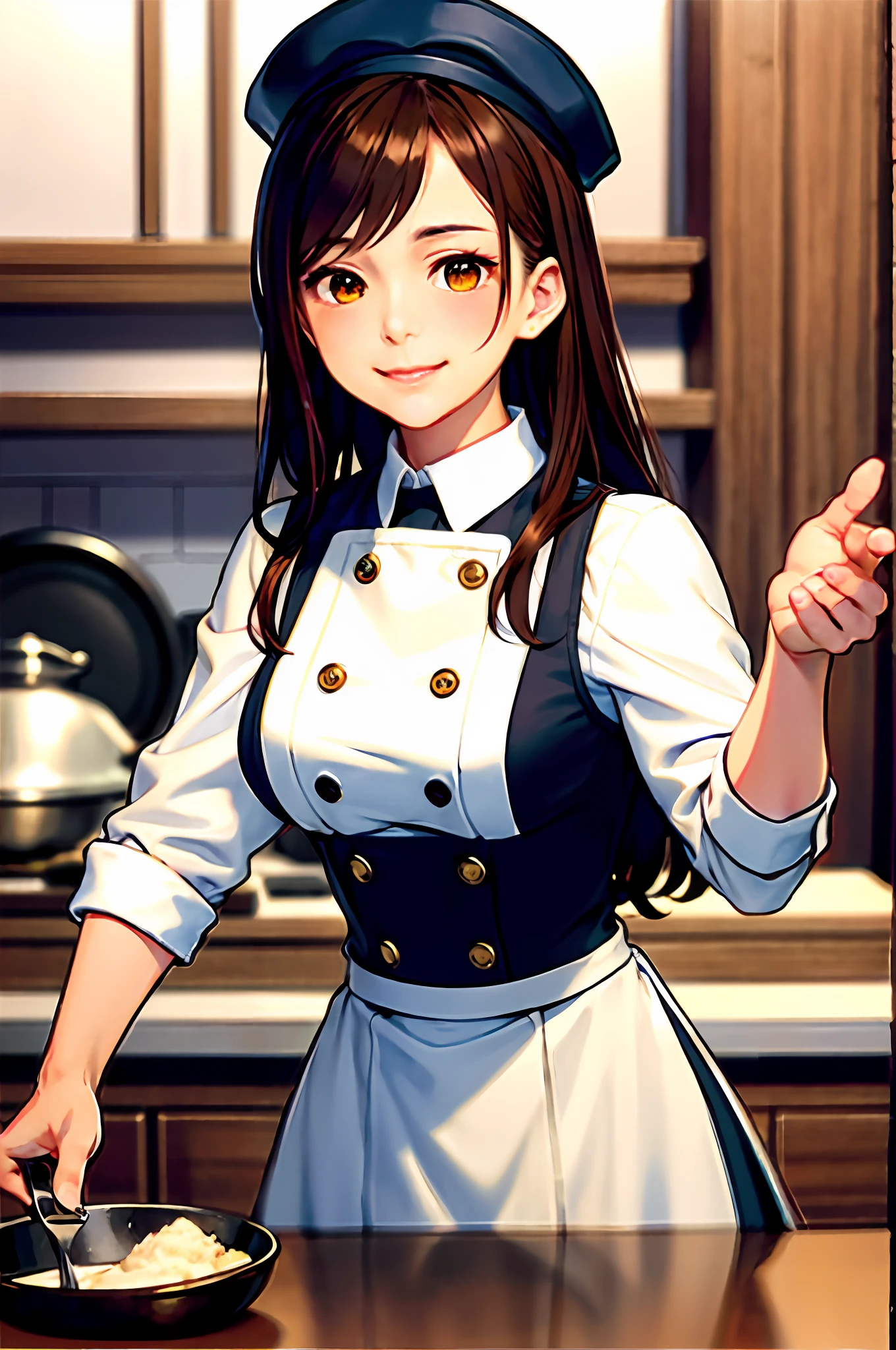 Anime character A woman eating brownie in the kitchen, (waitress) girl, beautifully detailed. Girl Front, Cooking, Official Art Artwork, High Detail Official Art Item, Official Art, Shoko Nishinomiya, Marin Kitagawa Doujin Art, Kushat Krenz Key Art Women, Official Character Art, Makoto Shinka, Happy Chef, Best Chef, Makoto