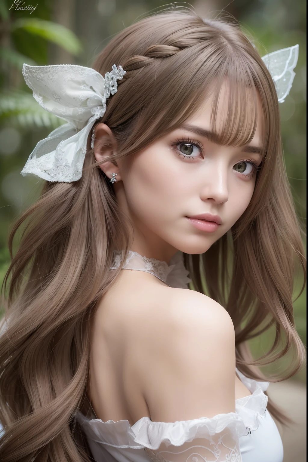 ((Best Quality:1.2, 8k, photo realistic:1.4, Masterpiece, back Lighting, caustics, Ultimate pretty Girl, Highly Detailed beautiful Textures, detailed beauty makeup:1.2, realistic skin, detailed eyes, detailed bangs)), medium breast, (canal background), ((white Fairy costume )), (hair ornament), (naughty smile), (detailed brilliant brown and silver two-tone wavy medium hair), ((round face)), (head tilt), looking back , (wind)