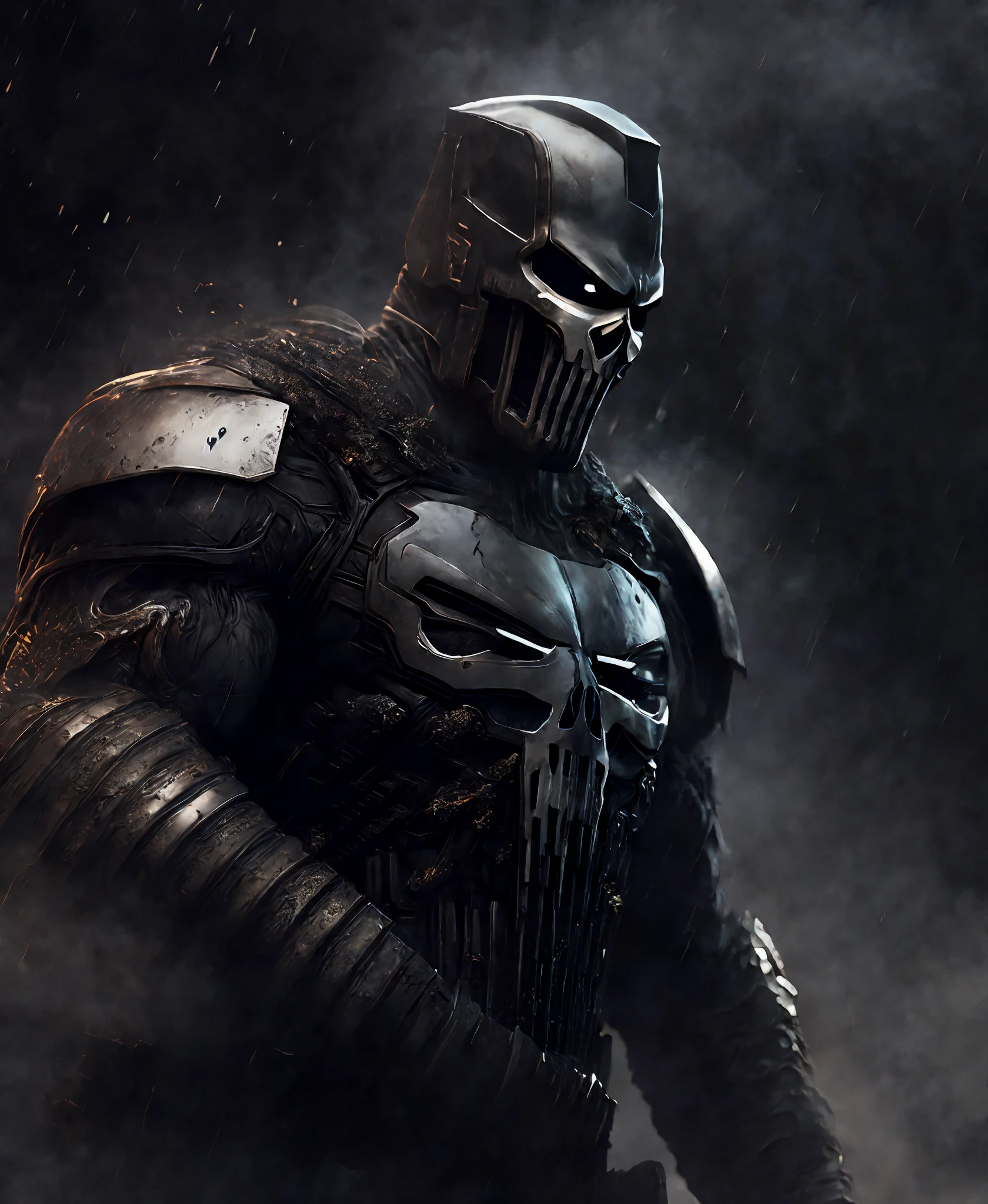 Close-up (Punisher from Marvel in Viking style: 1.3) emerging from wet black mud, extremely detailed, smoke, sparks, metal shavings, flying debris, volumetric light