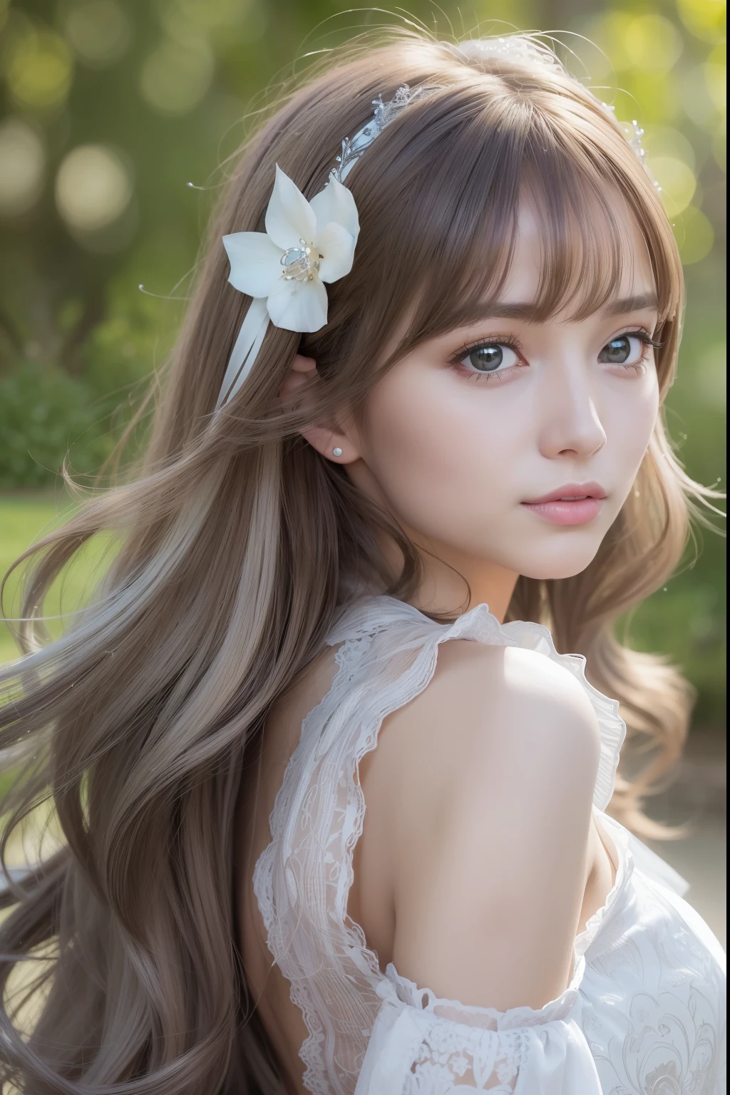 ((Best Quality:1.2, 8k, photo realistic:1.4, Masterpiece, back Lighting, caustics, Ultimate pretty Girl, Highly Detailed beautiful Textures, detailed beauty makeup:1.2, realistic skin, detailed eyes, detailed bangs)), medium breast, (canal background), ((white Fairy costume )), (hair ornament), (naughty smile), (detailed brilliant brown and silver two-tone wavy medium hair), ((round face)), (head tilt), looking back , (wind)