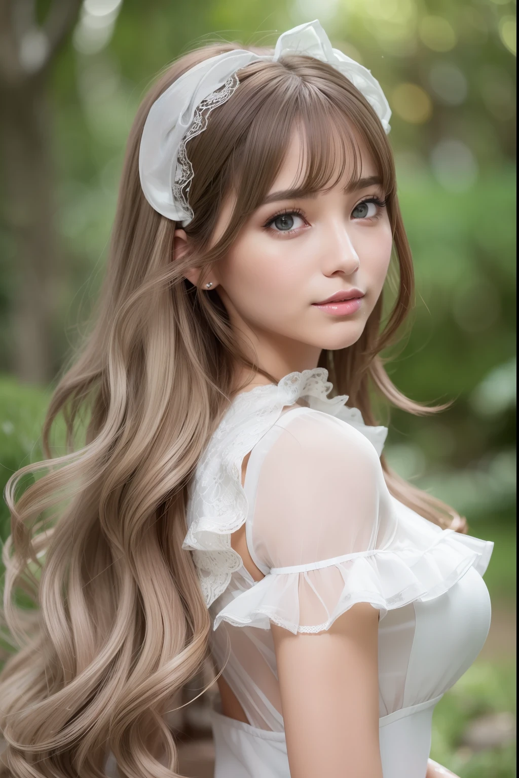 ((Best Quality:1.2, 8k, photo realistic:1.4, Masterpiece, back Lighting, caustics, Ultimate pretty Girl, Highly Detailed beautiful Textures, detailed beauty makeup:1.2, realistic skin, detailed eyes, detailed bangs)), medium breast, (canal background), ((white Fairy costume )), (hair ornament), (naughty smile), (detailed brilliant brown and silver two-tone wavy medium hair), ((round face)), (head tilt), looking back , (wind)