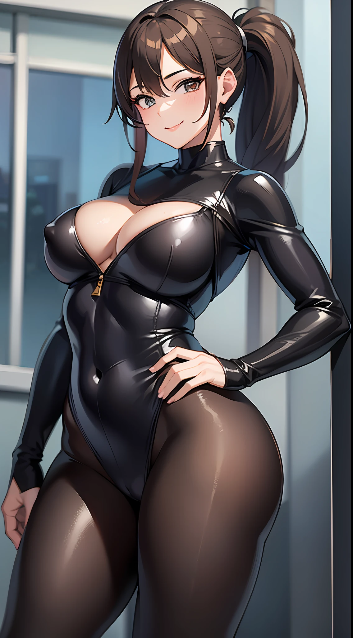 1girl, masterpiece, best quality, medium full shot, brown ponytail, (full bodysuit), busty, sexy body, erotic pose, standing, crotch, smiling