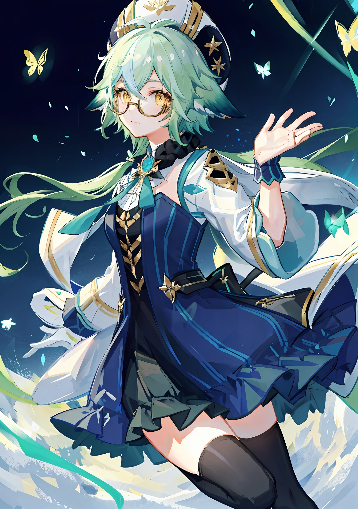 8k, super detail, masterpiece,super detail, high quality, high resolution, high detail, face detail, happiness, teal hair with animal ears, yellow eyes, wearing glasses, short hair, wearing hat, long black socks, glowing butterflies, jumping, wind swirls