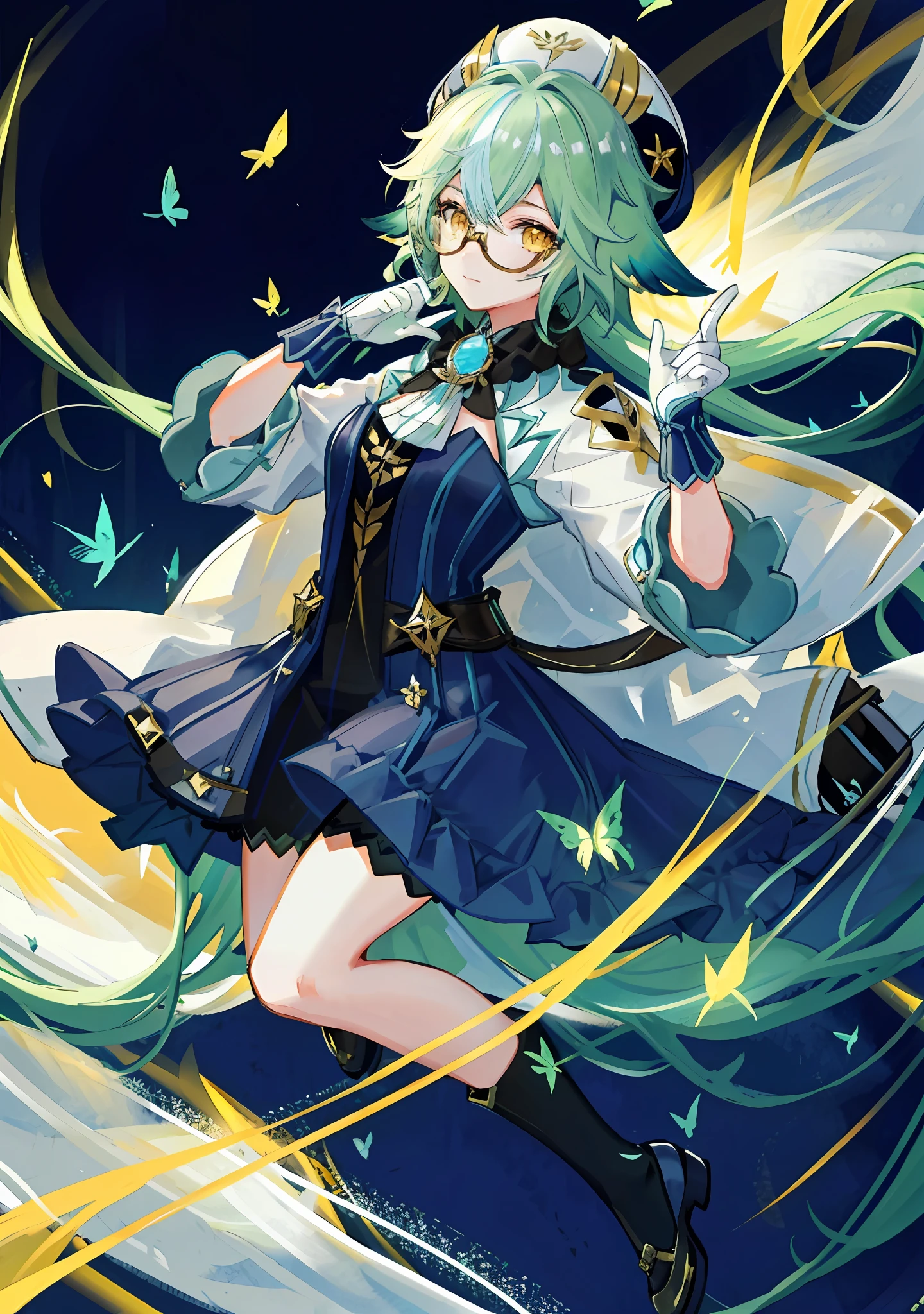 8k, super detail, masterpiece,super detail, high quality, high resolution, high detail, face detail, happiness, teal hair with animal ears, yellow eyes, wearing glasses, short hair, wearing hat, long black socks, glowing butterflies, jumping, wind swirls