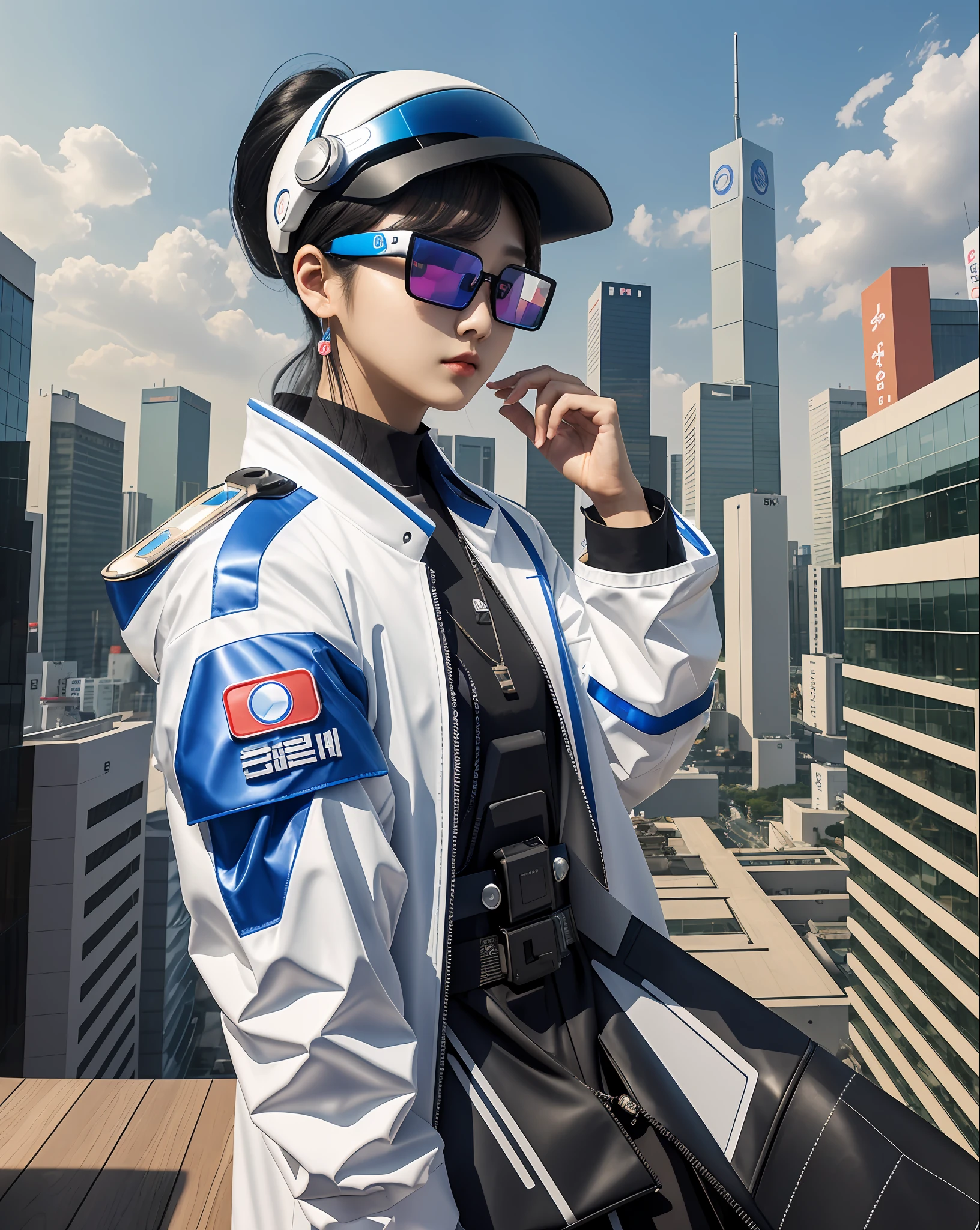 Innovative and tech-savvy: Create a (modern)1.1 representation of (South Korea)1.2 as a (trendsetter)1.1 wearing (futuristic attire)1.3, with (smart glasses)1.1 and (K-pop-inspired)1.2 accessories, showcasing its advancements in (technology)1.2 and (entertainment)1.2.