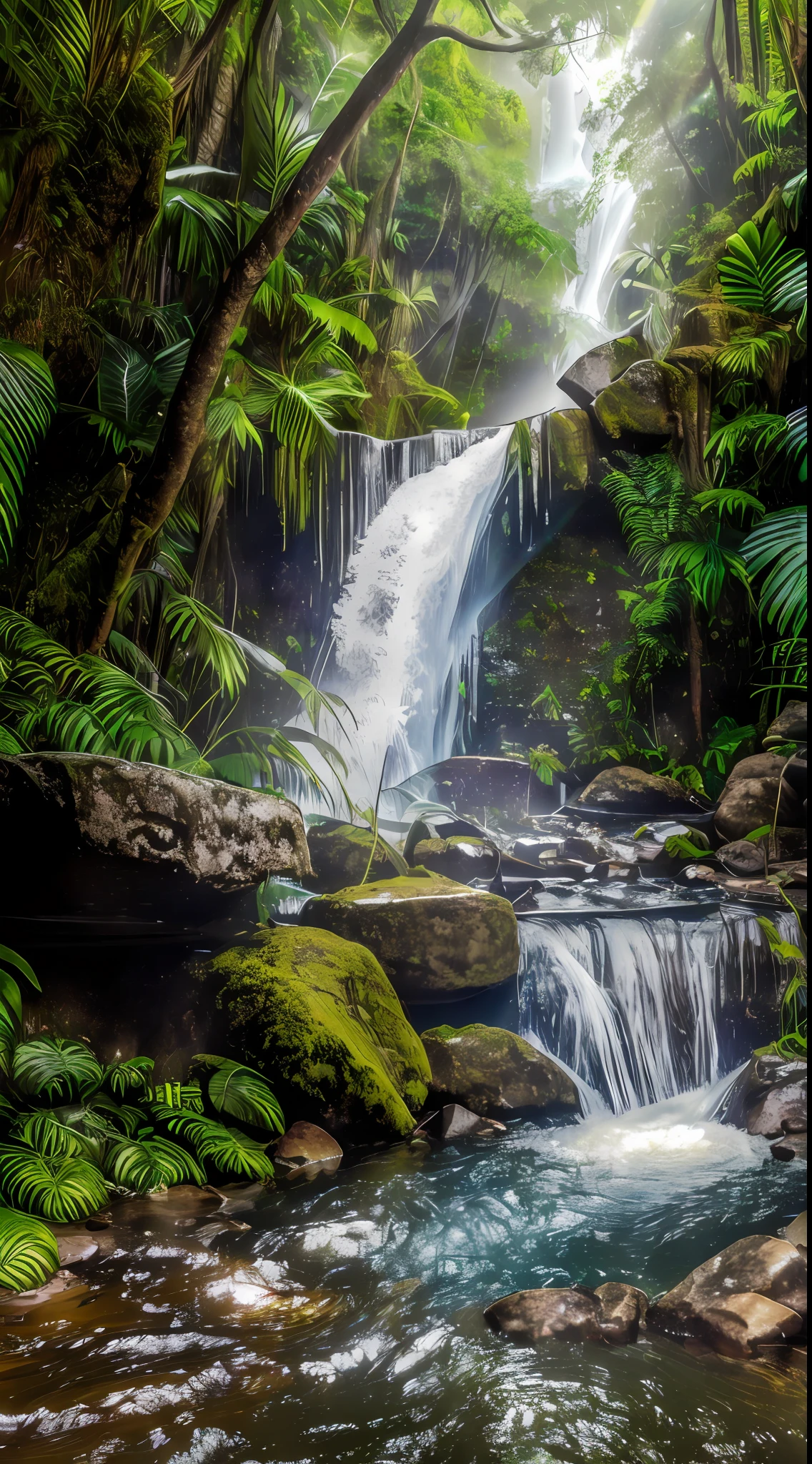 ((Masterpiece:1.3), (Realistic Lighting:1.3)), (raw photo:1.5)) Beautiful stream in the tropical forest, Waterfall falls from the cliff to the stream, Rainbow at the top of the waterfall, white tiger is drinking water by the stream