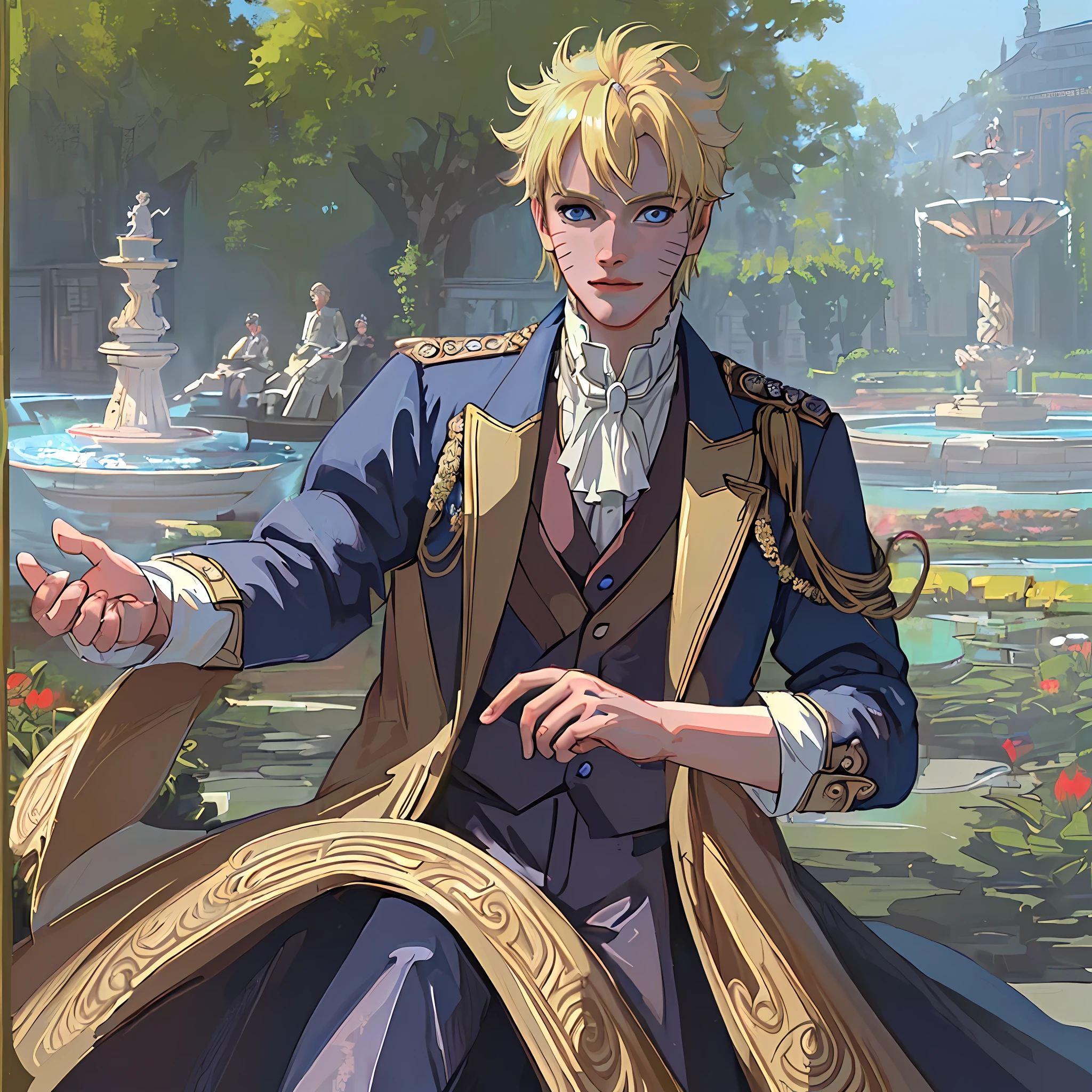 ((((masterpiece)))), (best quality), ((Hyper detailed)), ((High detail)), ((Exquisite detail)), (1 boy), (solo), (cowboy shot), (looking at viewer),((outside)), (((antique))), ((palace)), ((garden)), ((fountain)),
(flower), ((mature male)),((victorian outfit)), ((tall and muscular)), ((whiskermark)), uzumaki naruto, ((blonde hair)), detailed lips, (((prince))), ((blue eyes)), (nobility) , ((long pant)), smile