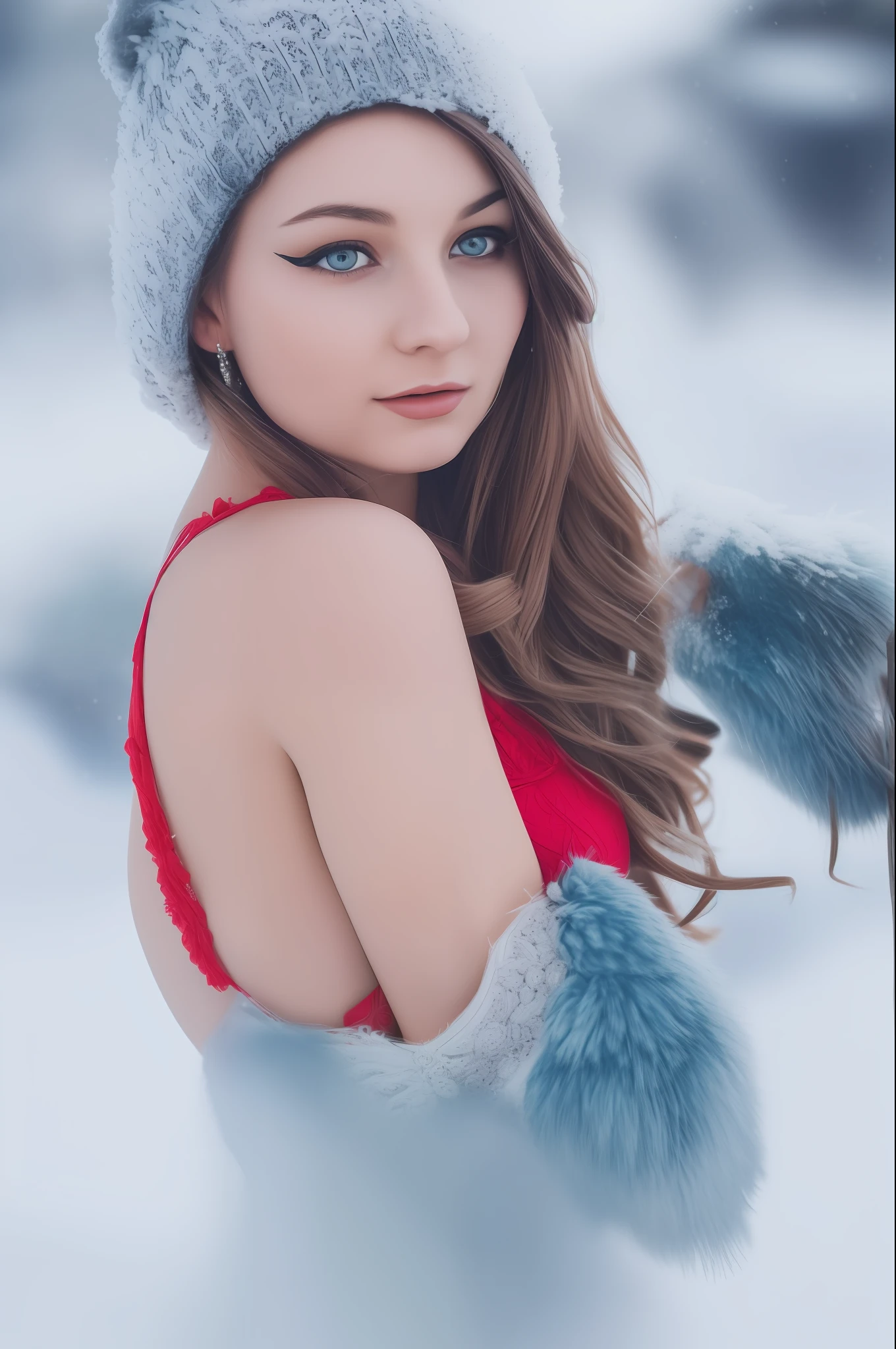 charming Yulia woman. sexy, (perfect breasts:1), (photorealistic:1.4) snow background (extremely intricate), (exquisitely detailed), highly detailed, highres, original, extremely detailed 8K wallpaper, best quality, detailed face, ultra-detailed,