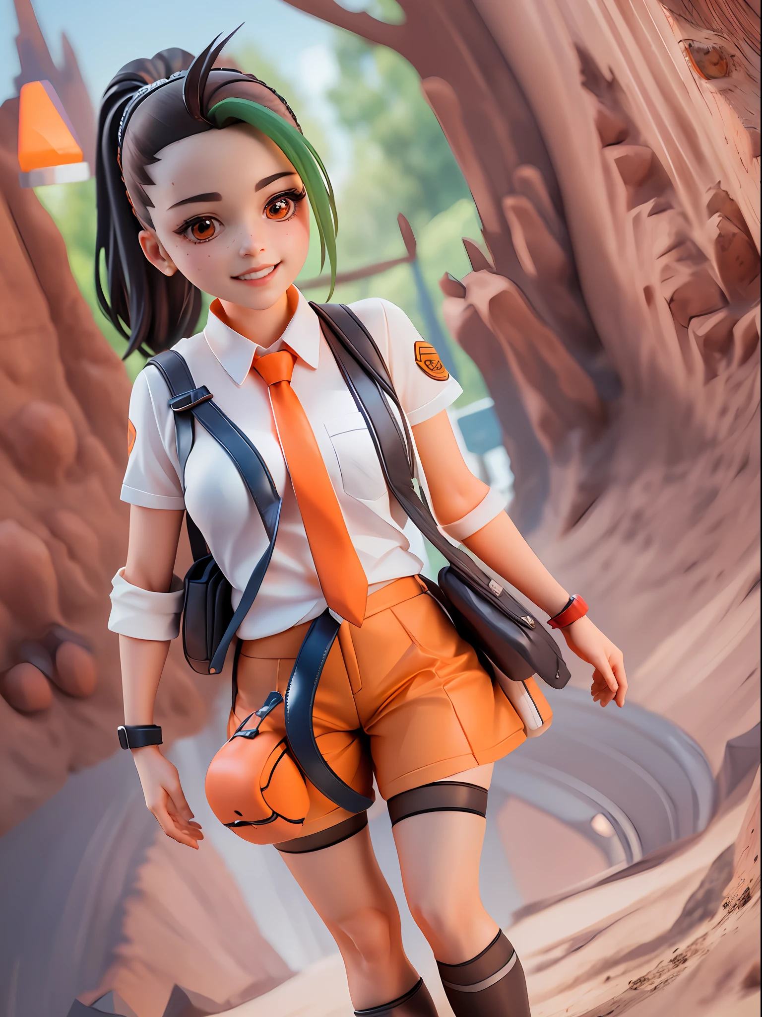 nemona, white collared shirt, (orange necktie), (orange shorts) ,black pantyhose, sneakers ,bag ,black glove,1girl,chibi, [realistic], [3d], (3dcg), ((octane render)), smile, full body
BREAK
(8k, RAW photo, best quality, masterpiece:1.2), ultra high res, (((realistic, photo-realistic))), professional lighting, detailed lighting, professional photography, fisheye, dynamic angle, high quality, high res, extremely detailed, bloom
BREAK
depth of field, sketch, sharp focus, soft lighting, good composition, god light highlight, detailed, (((photorealistic details))), detailed skin, to8contrast style