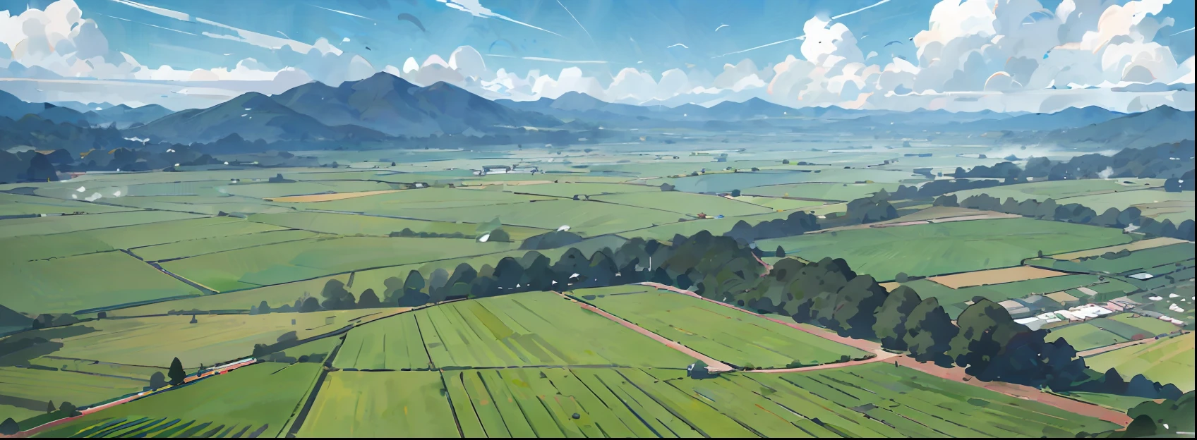 Poster design, the wind gently blows through the green grass, and in the distance is a large area of neatly arranged farmland, as well as mountains, the sky is very blue, a large beautiful cloud, and swallows fly in the sky