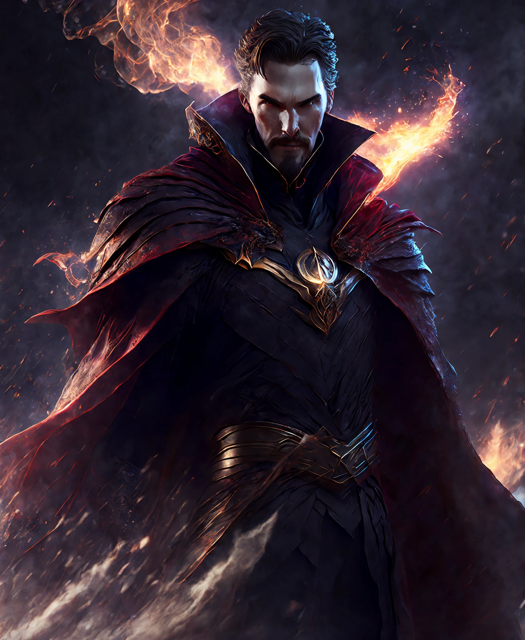 Close-up (Doctor Strange from Marvel in Viking style: 1.3) emerging from wet black mud, extremely detailed, smoke, sparks, metal shavings, flying debris, volumetric light