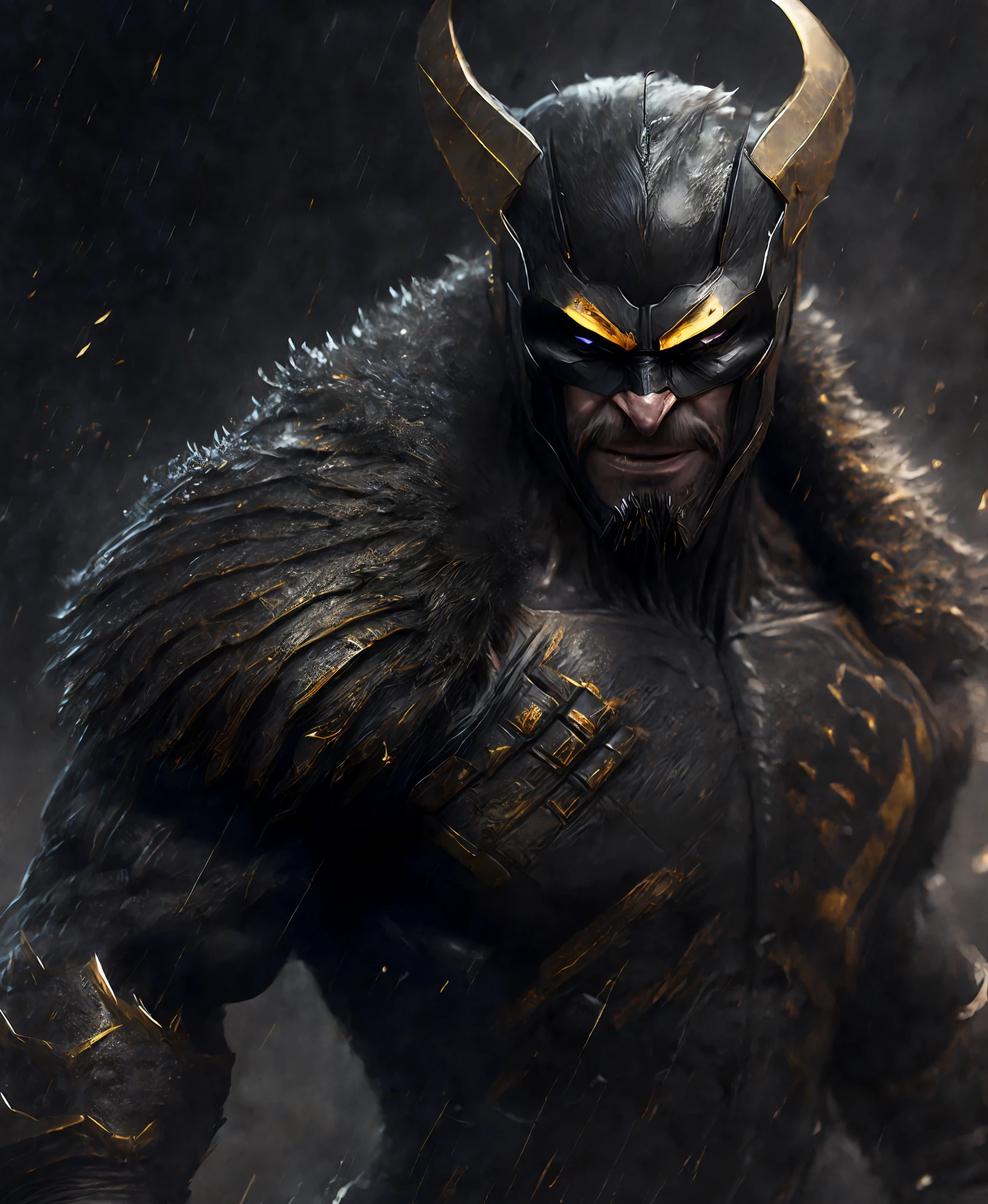 Close-up (Wolverine from Marvel in Viking style: 1.3) emerging from wet black mud, extremely detailed, smoke, sparks, metal shavings, flying debris, volumetric light