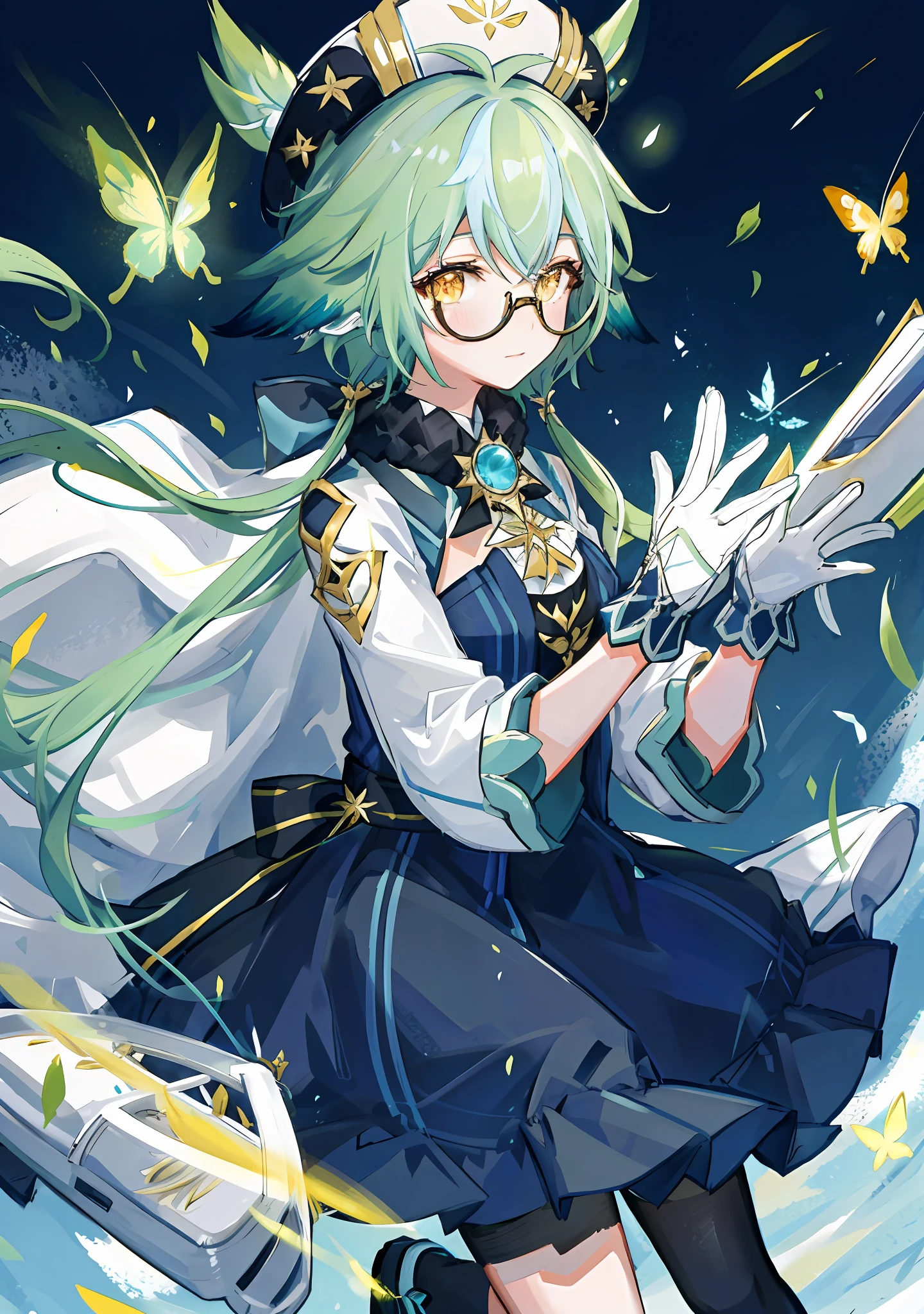 8k, super detail, masterpiece,super detail, high quality, high resolution, high detail, face detail, happiness, teal hair with animal ears, yellow eyes, wearing glasses, short hair, wearing hat, long black socks, glowing butterflies, jumping, wind swirls